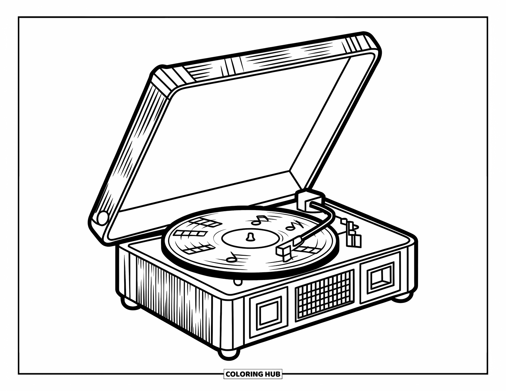Black Coloring Page for Kids: A record player spins beside a speaker with musical notes