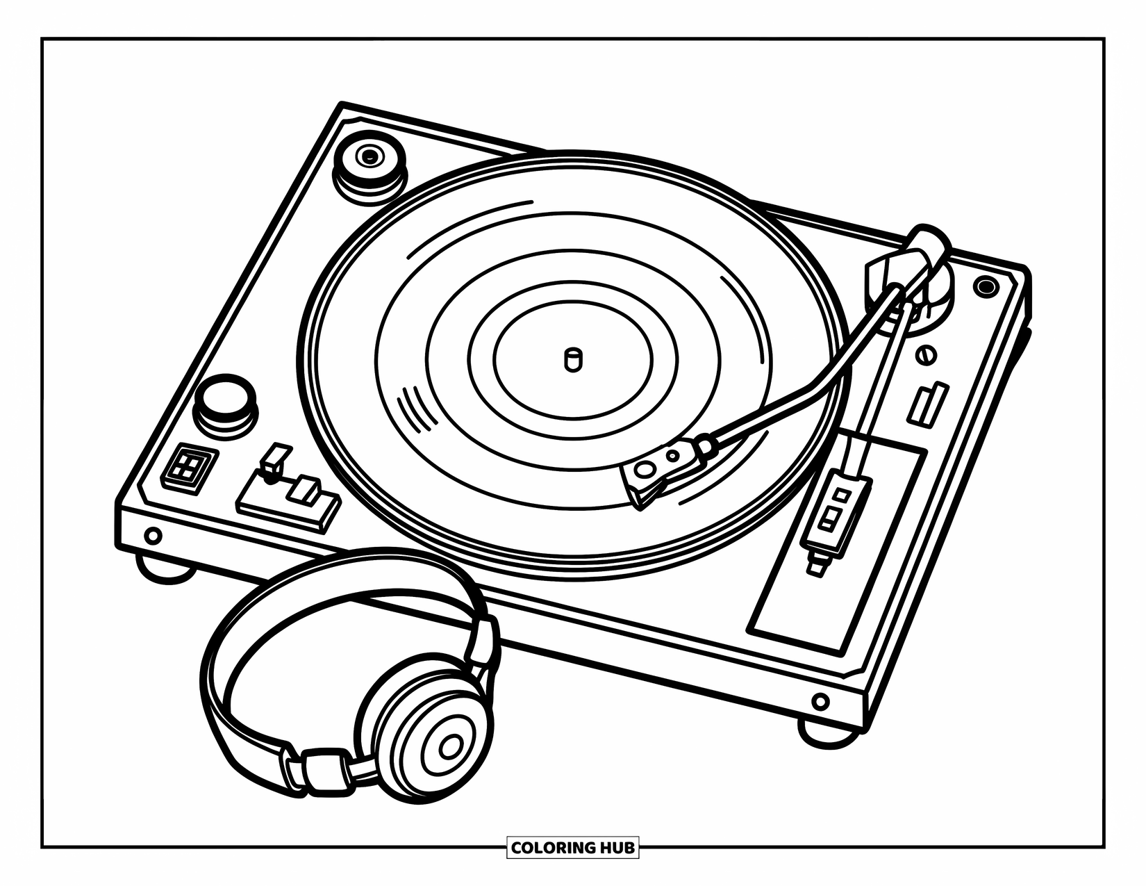 Black Coloring Page for Kids: A record player spins with headphones lying beside it