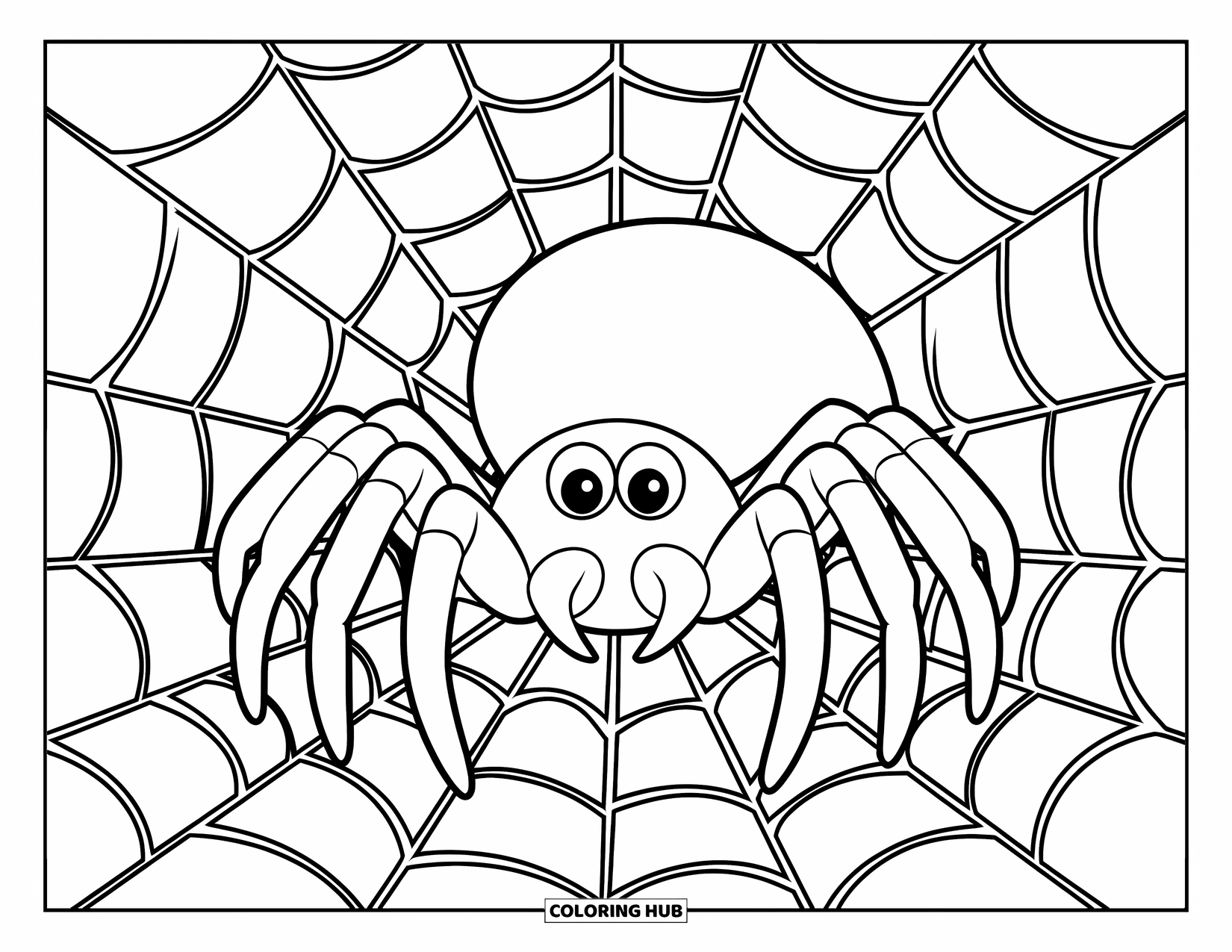 Black Coloring Page for Kids: A round-eyed spider waits at the center of its web