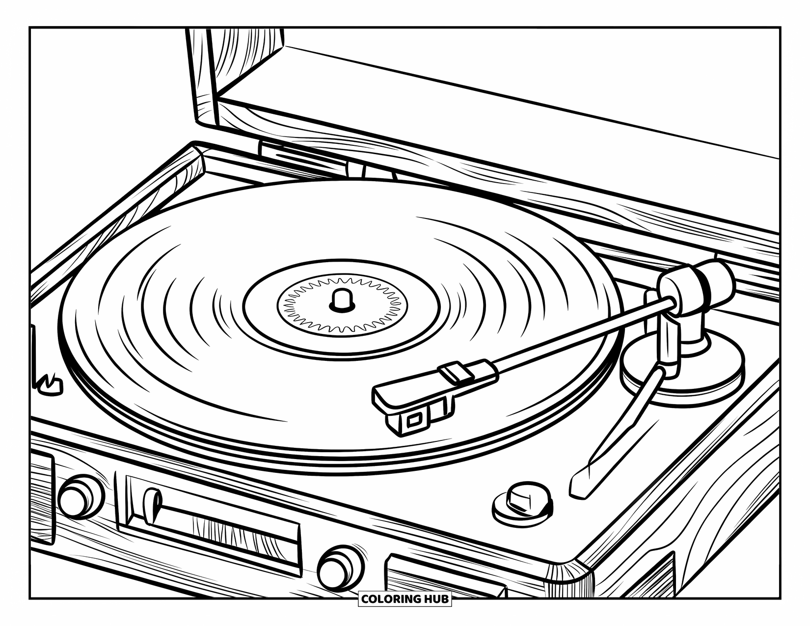 Black Coloring Page for Kids: A spinning record plays on a wooden player with switches