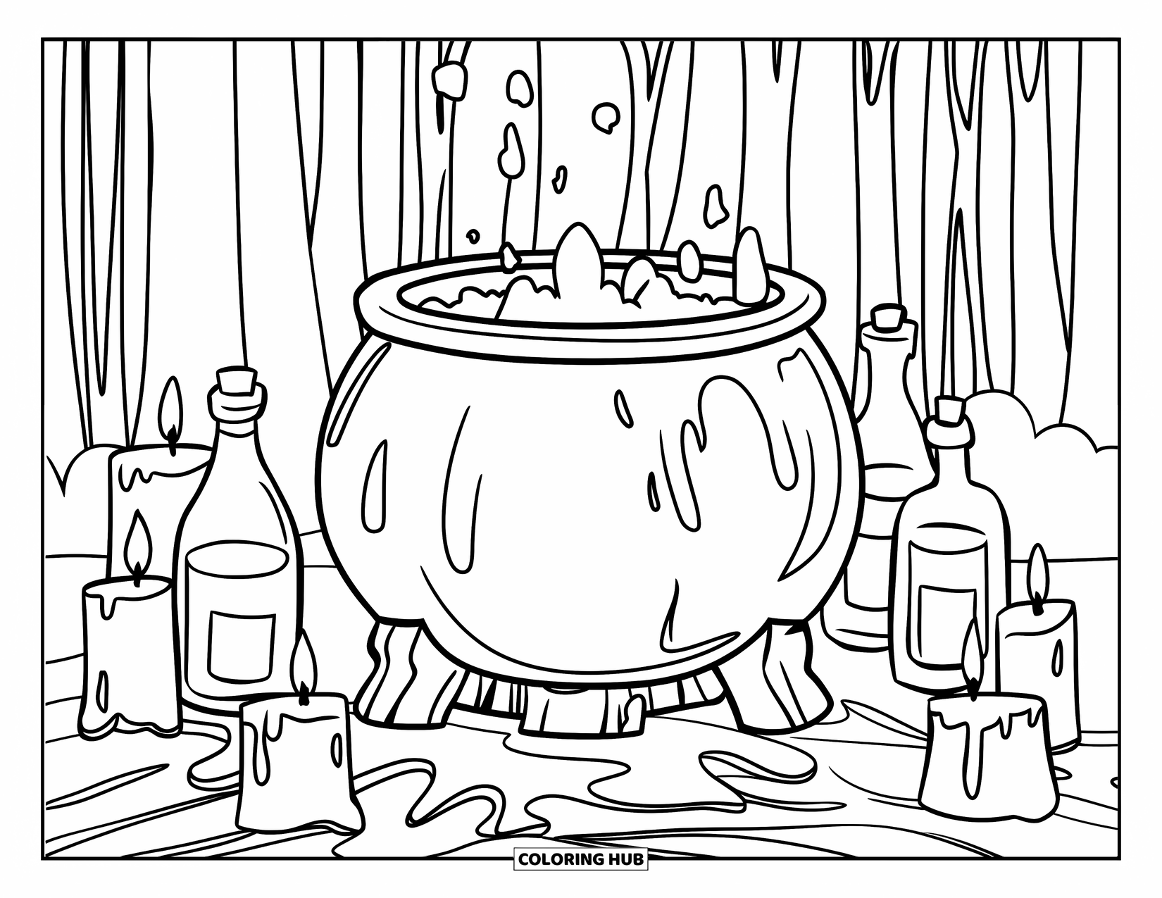 Black Coloring Page for Kids: A steaming cauldron rests on a wooden stand surrounded by bottles