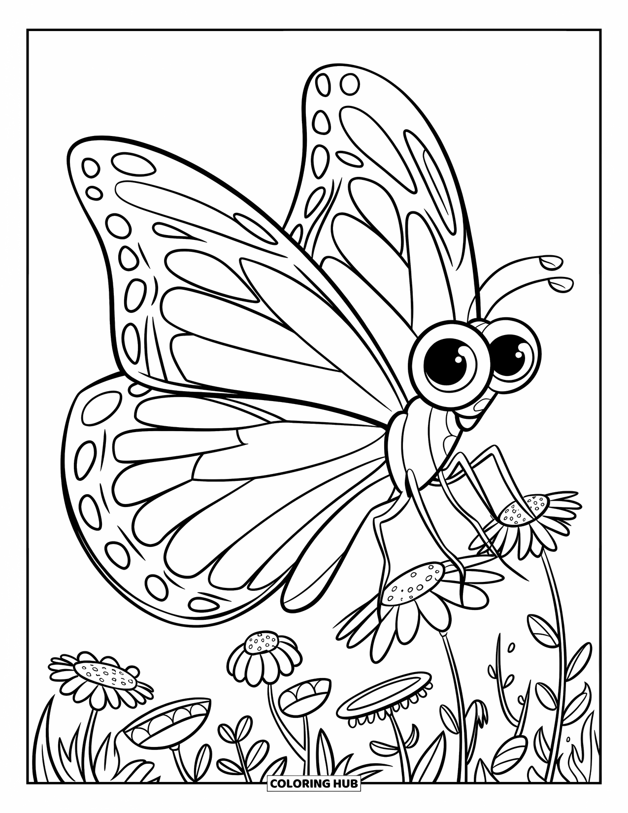 Black Coloring Page for Kids: A wide-eyed butterfly flutters among a field of wildflowers
