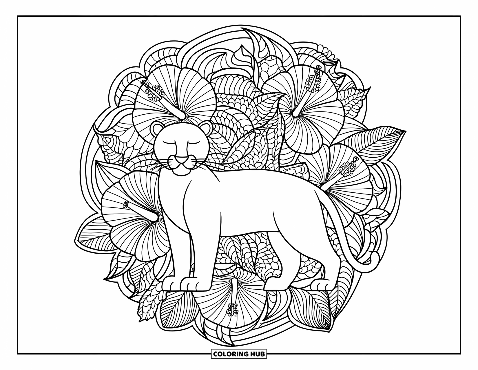 Black Panther Coloring Page for Adults: Panther among hibiscus flowers, leaves, and swirls in circular mandala