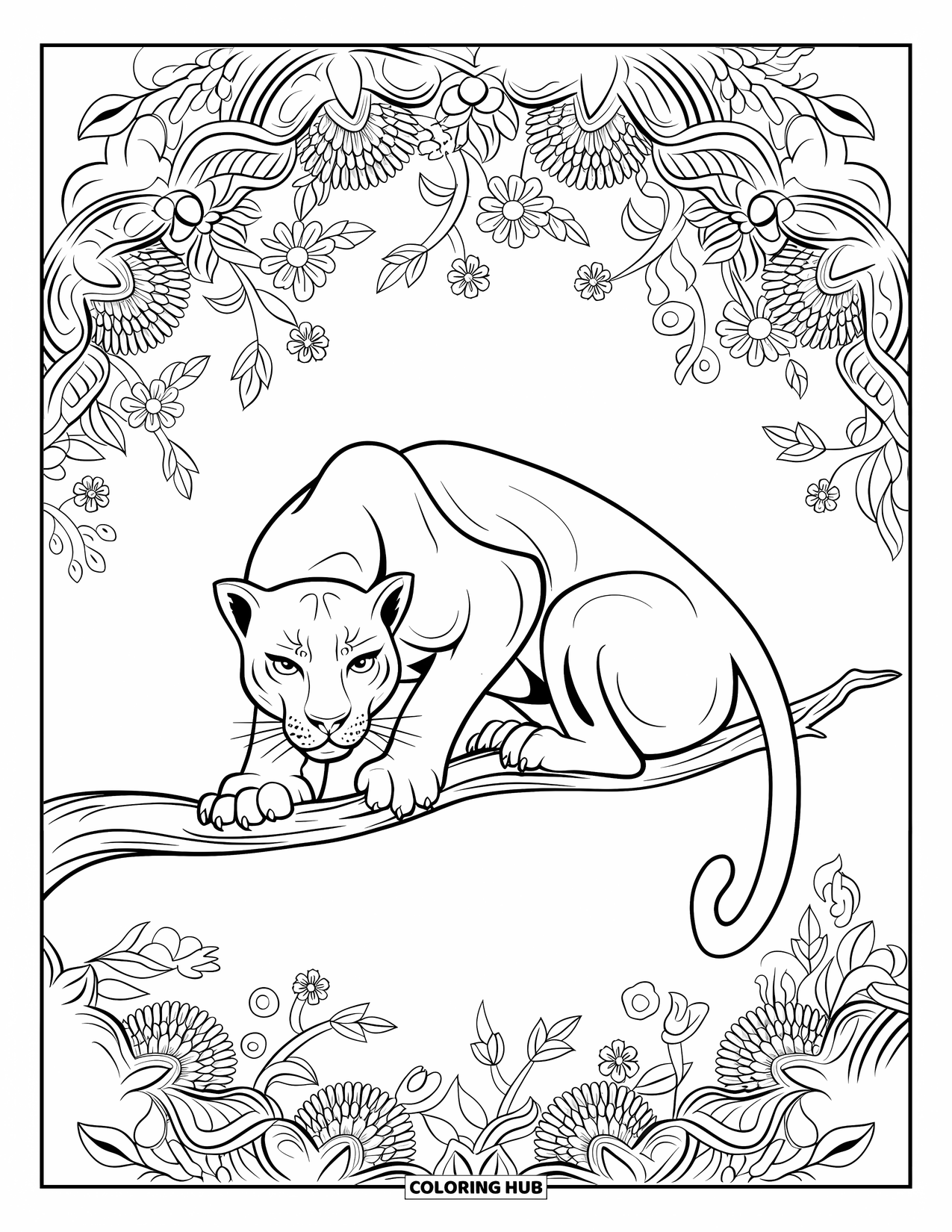 Black Panther Coloring Page for Adults: Panther crouched on thin branch with floral mandala border