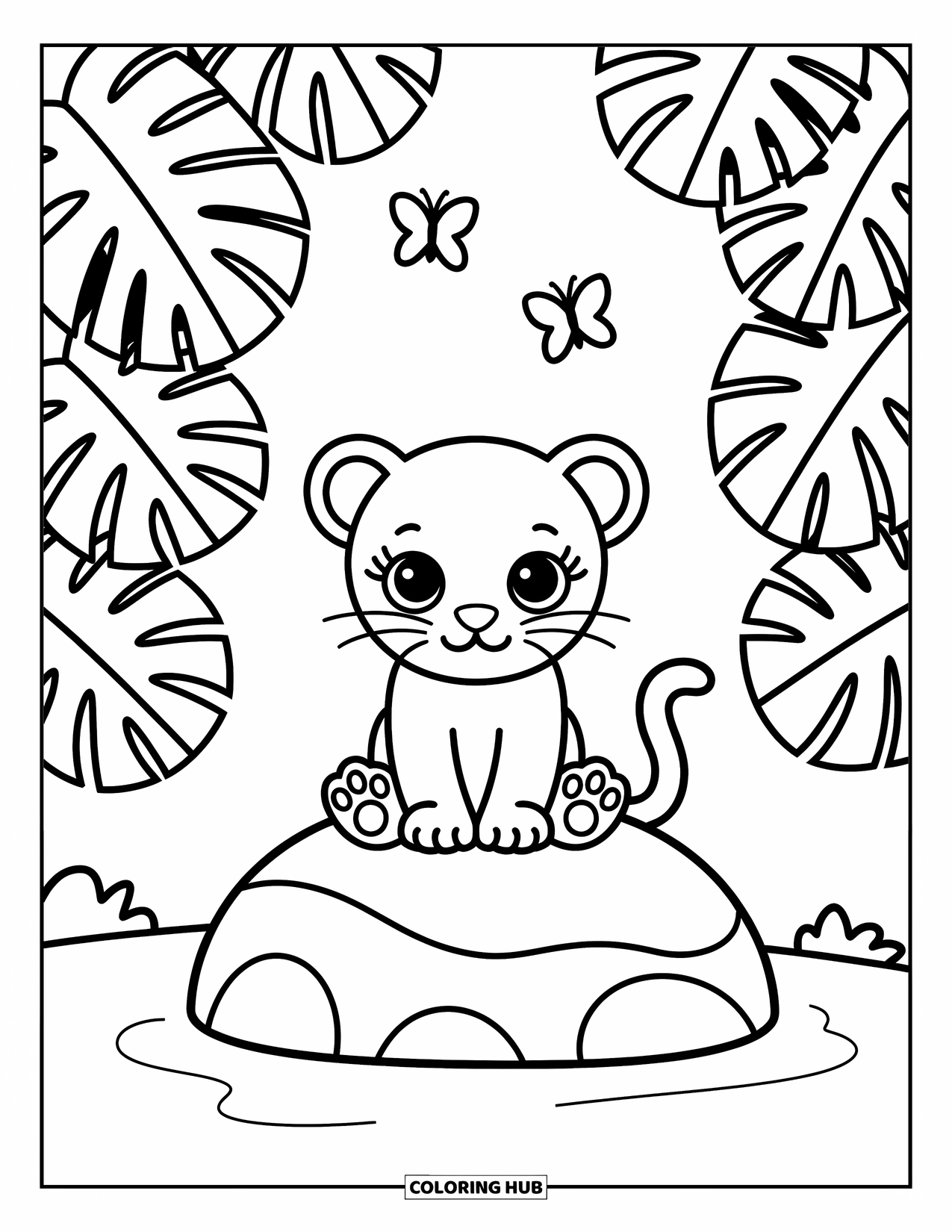 Black Panther Coloring Page for Adults: Panther cub on rock with jungle leaves and butterflies nearby