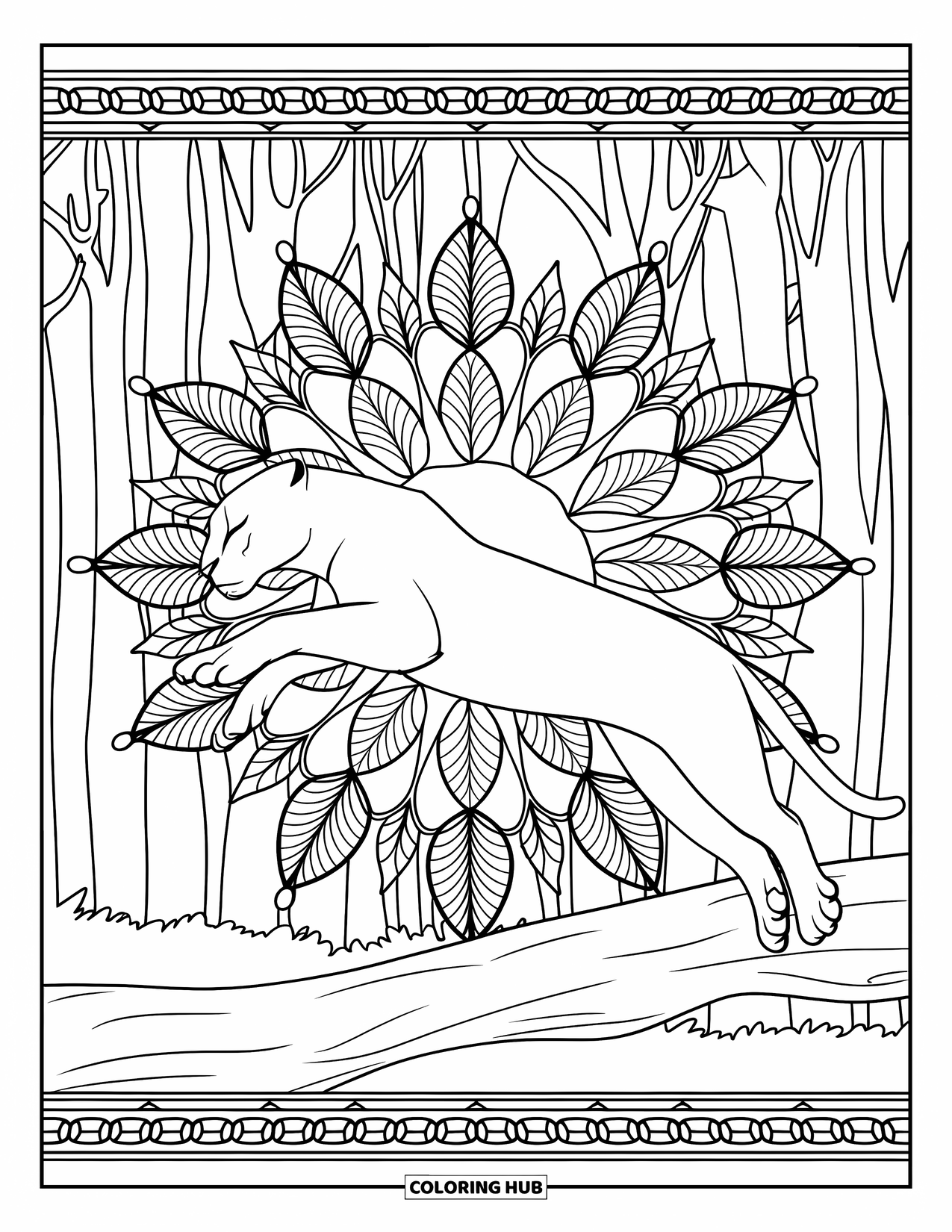 Black Panther Coloring Page for Adults: Panther leaping over log with botanical mandala and forest scene