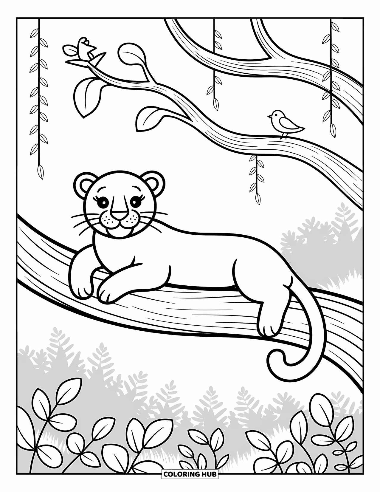Black Panther Coloring Page for Adults: Panther lounging on curving tree branch with leaves, vines, and bird
