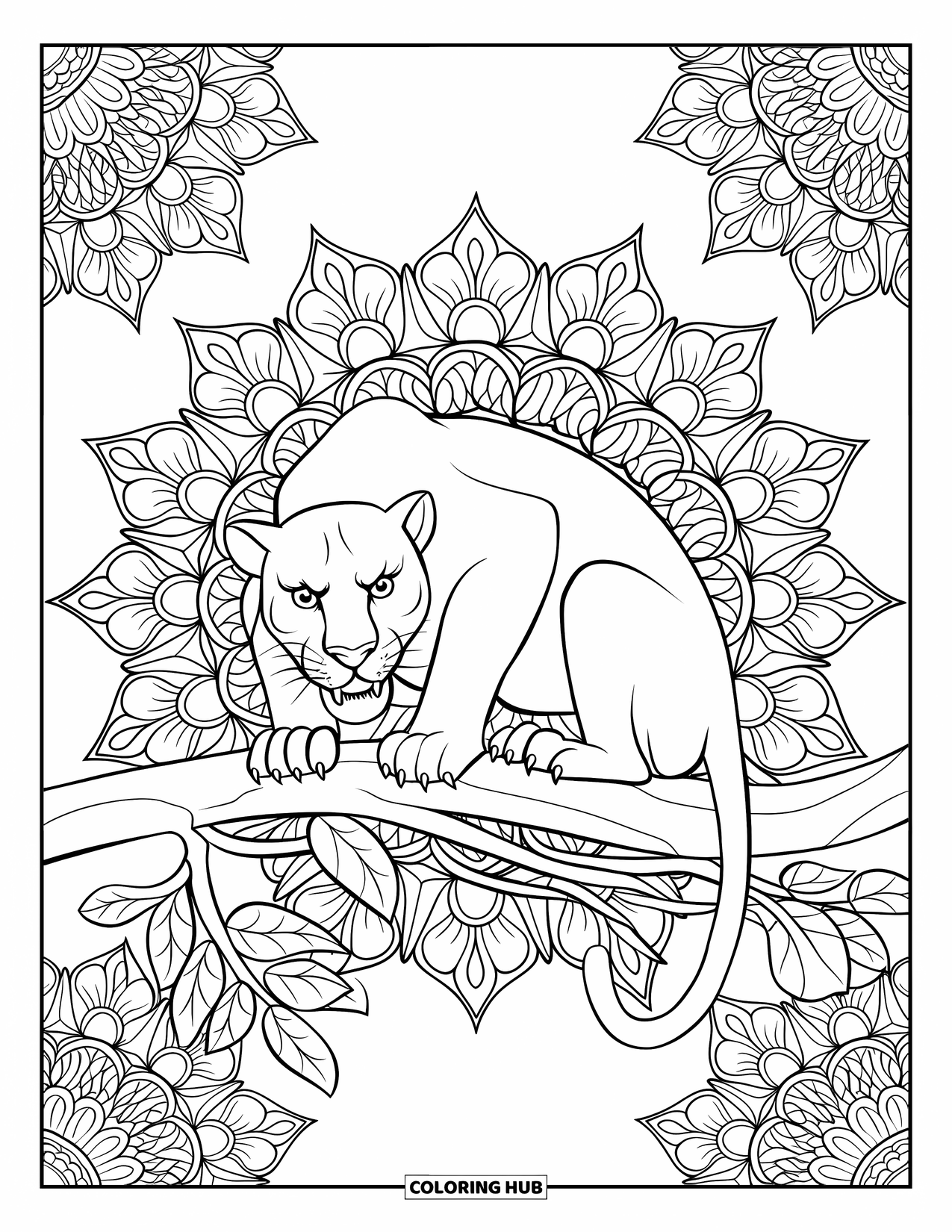Black Panther Coloring Page for Adults: Panther on leaf-covered branch with floral mandala background