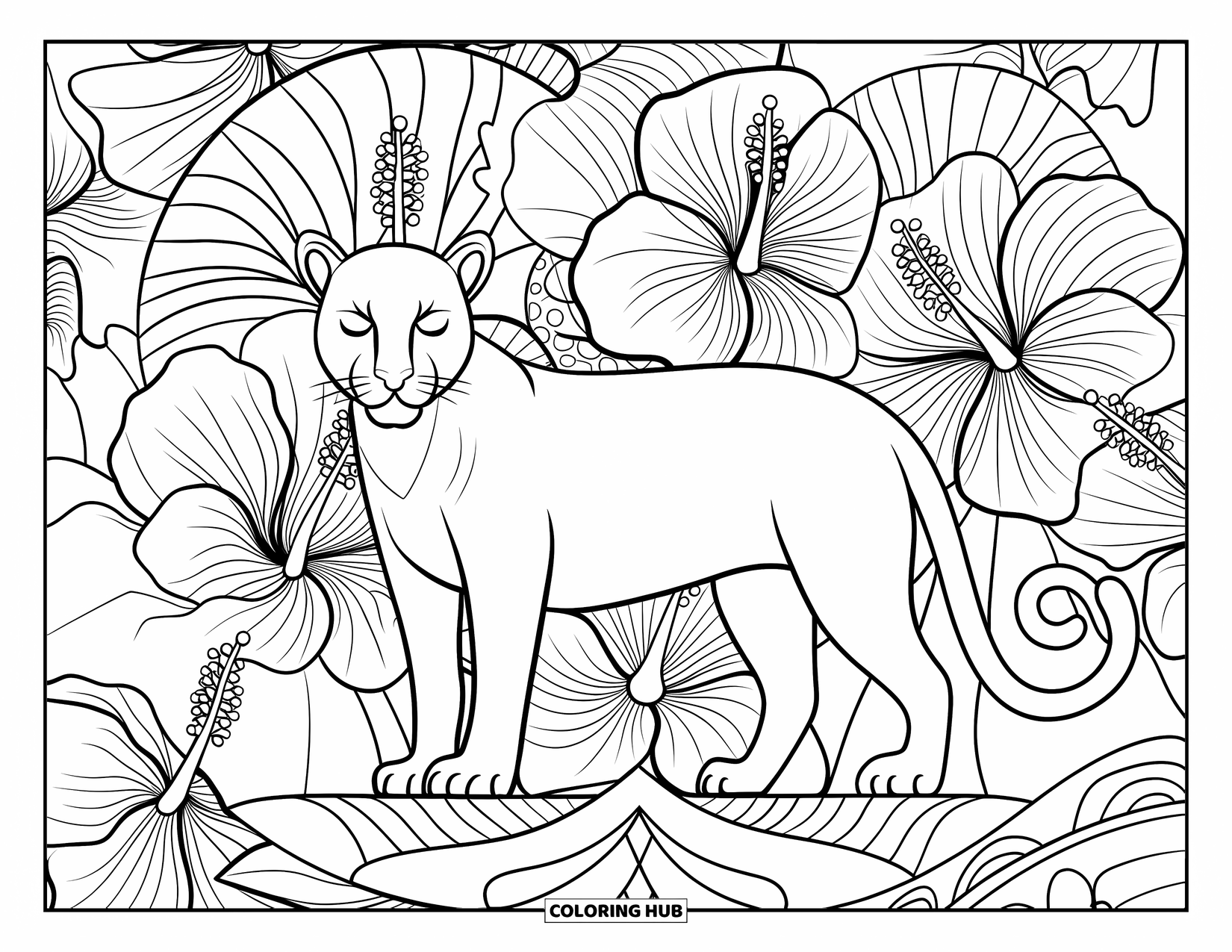 Black Panther Coloring Page for Adults: Panther on lotus among hibiscus flowers with intricate mandala background