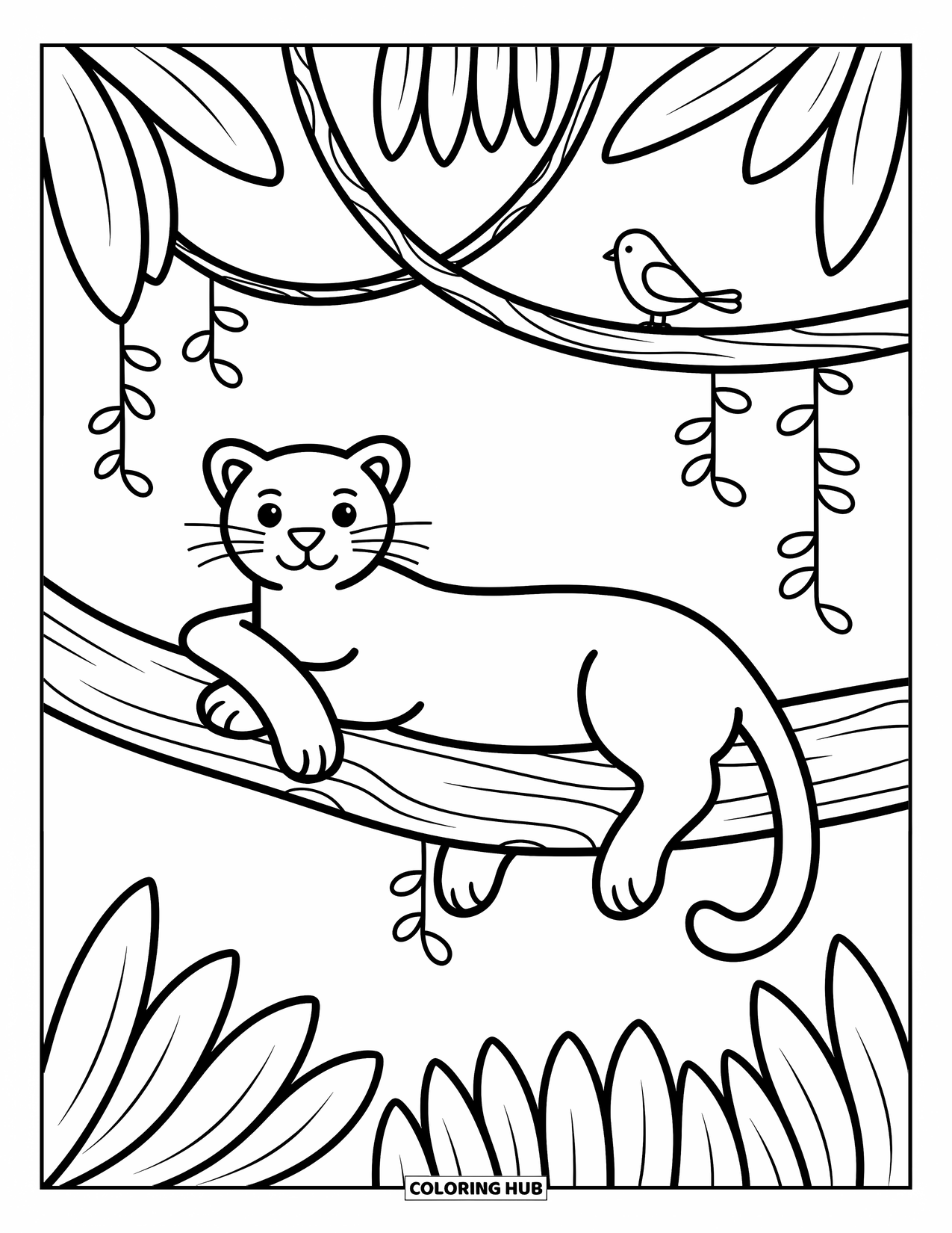 Black Panther Coloring Page for Adults: Panther resting on branch with leaves, vines, and perched bird