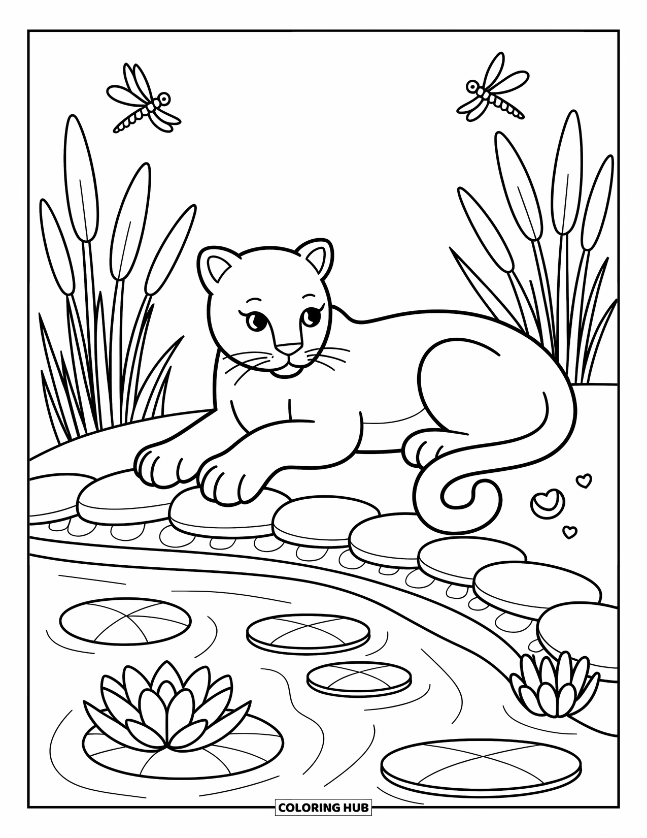 Black Panther Coloring Page for Adults: Panther resting on riverbank with lily pads, stones, reeds, and dragonflies