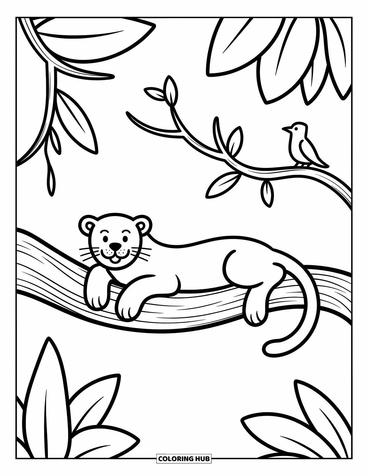 Black Panther Coloring Page for Adults: Relaxed panther on branch with broad leaves, vines, and perched bird