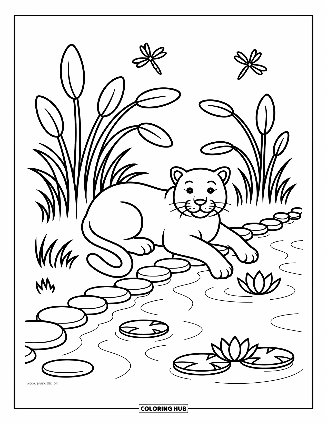 Black Panther Coloring Page for Adults: Serene panther on riverbank with stones, lily pads, reeds, and dragonflies