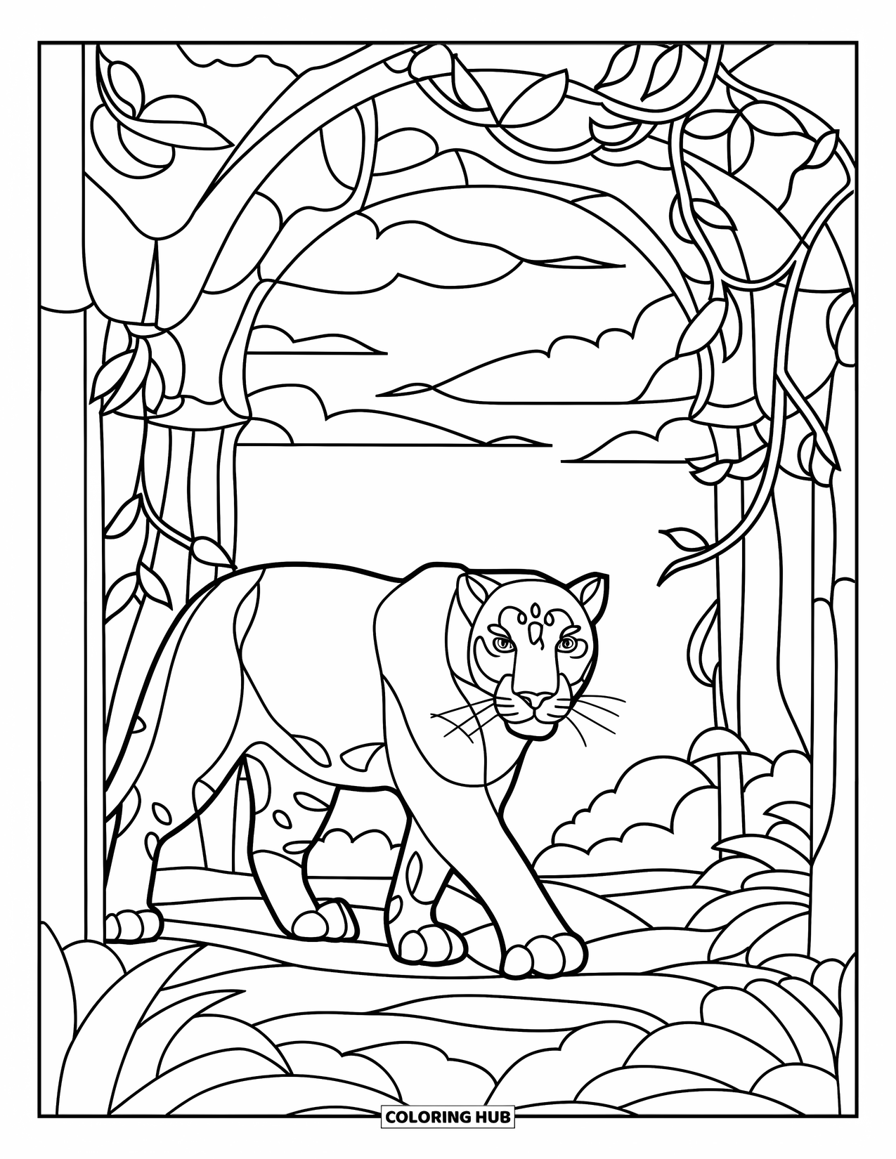 Black Panther Coloring Page for Adults: Sleek panther walking through stained glass jungle with trees and clouds