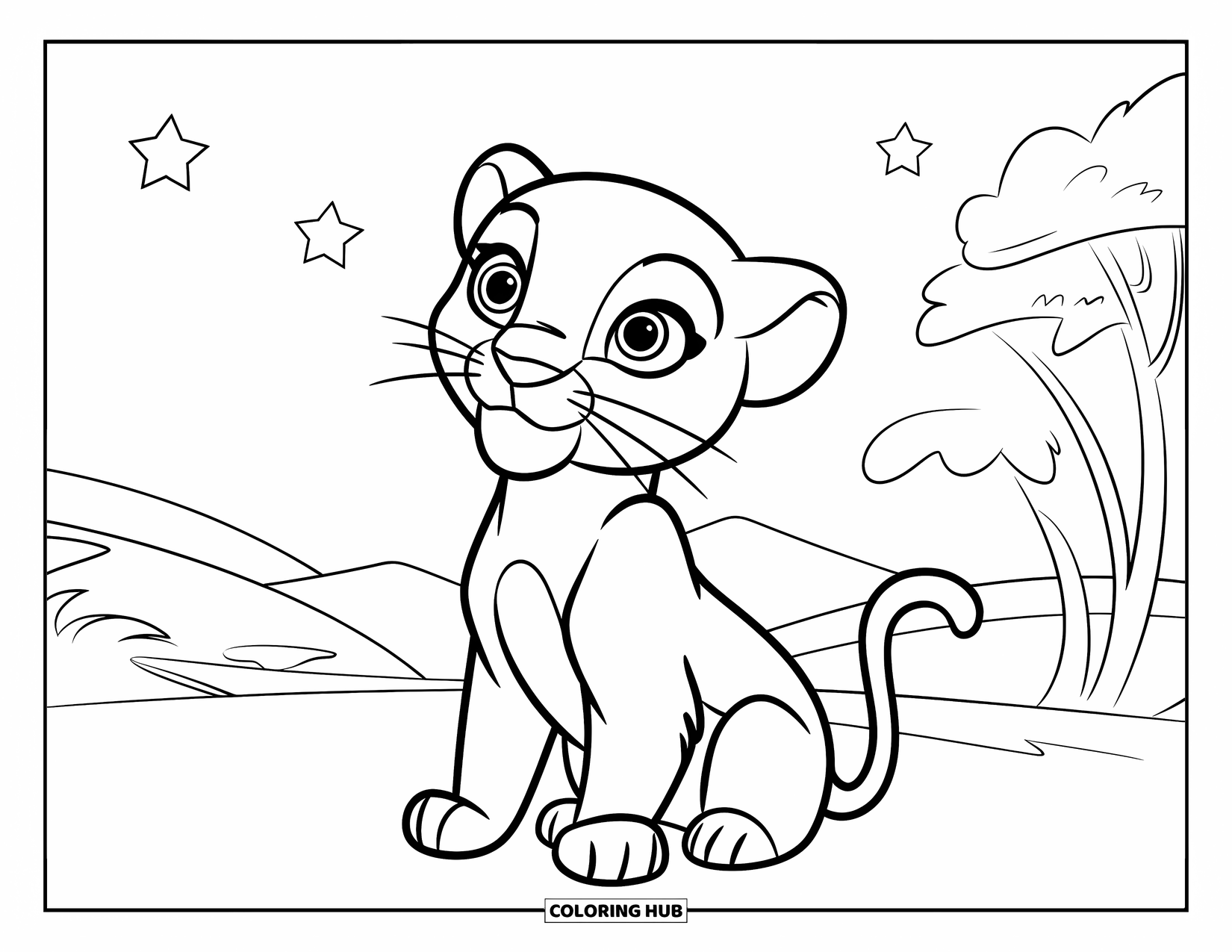 Black Panther Coloring Page for Kids: Baby panther looking up at stars in serene landscape