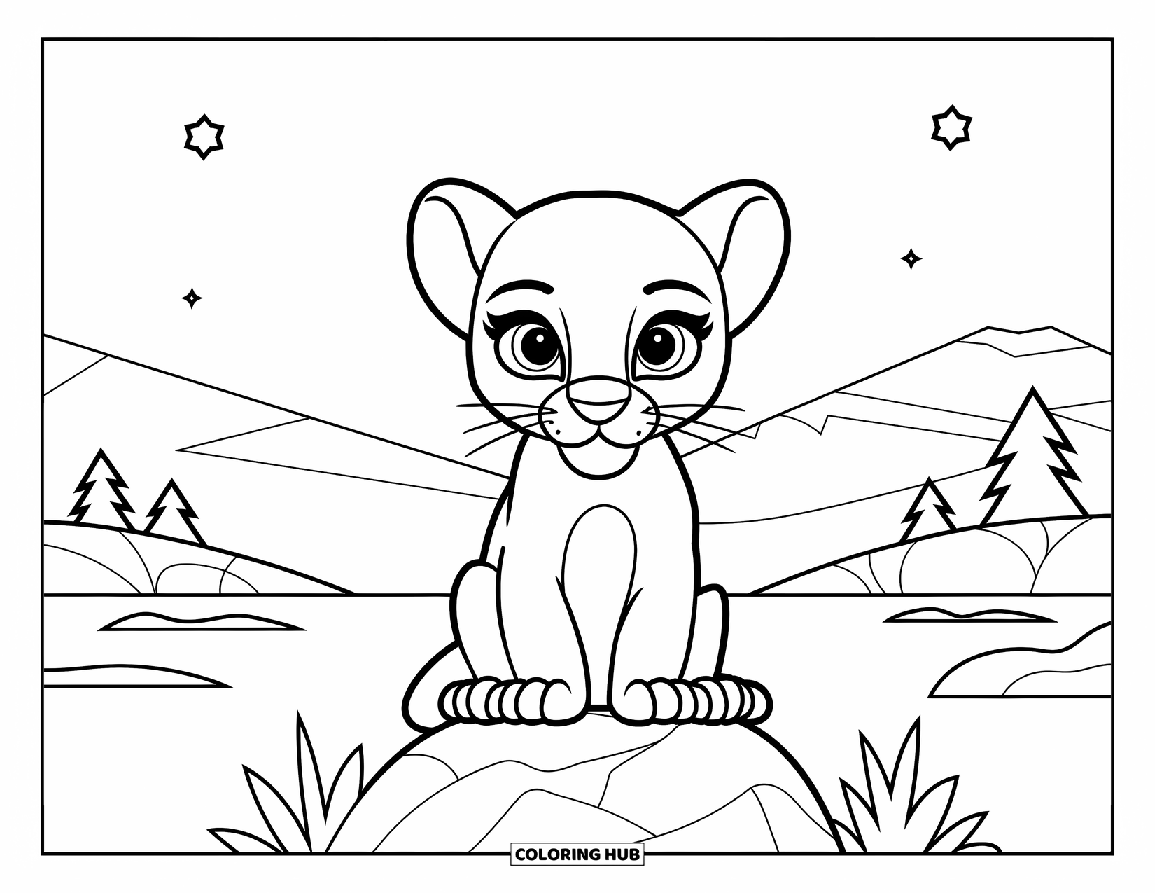 Black Panther Coloring Page for Kids: Baby panther on rock with stars and mountains