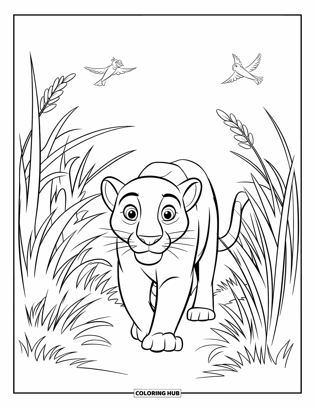 Black Panther Coloring Page for Kids: Big-eyed panther in tall grass with birds flying above