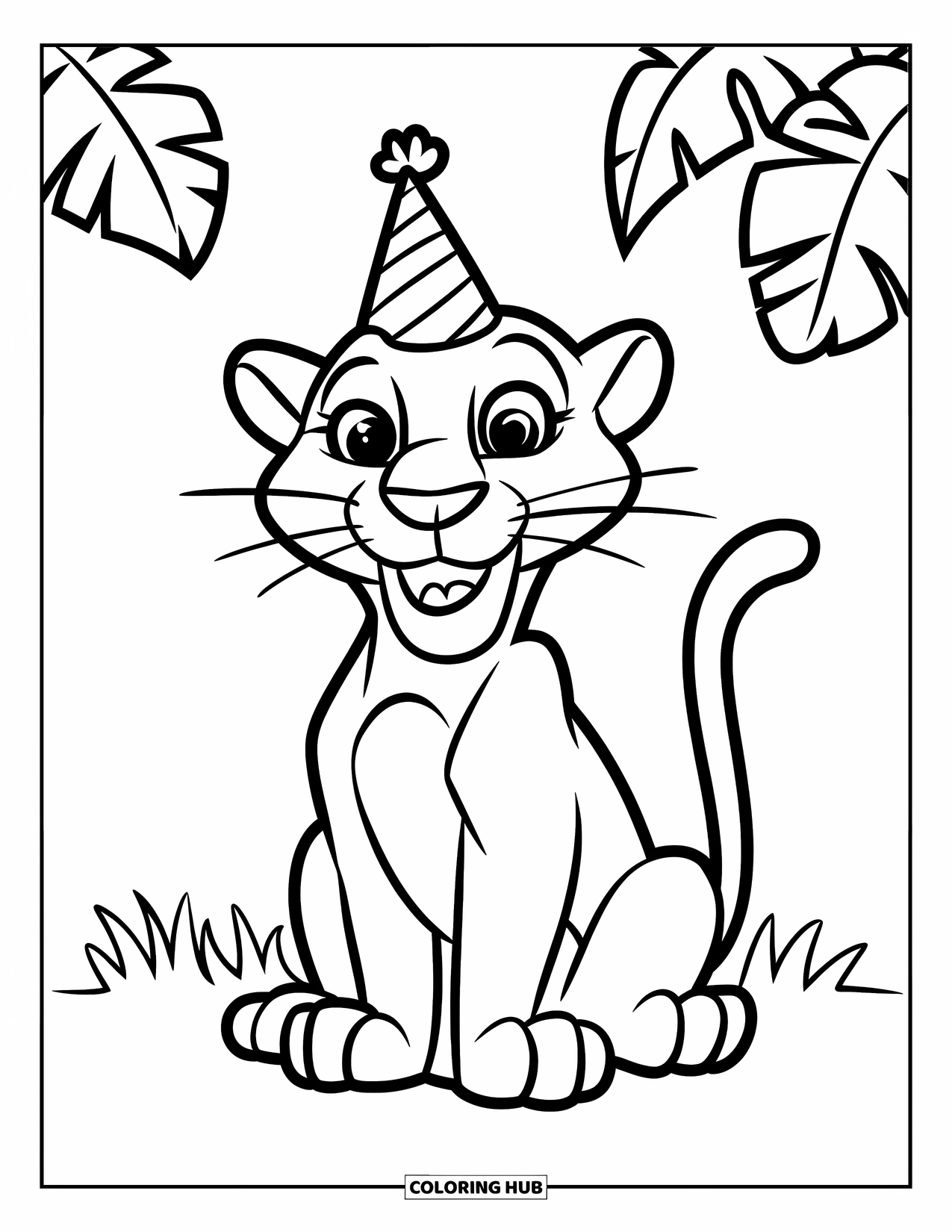 Black Panther Coloring Page for Kids: Cheerful panther on grass with party hat and leaves