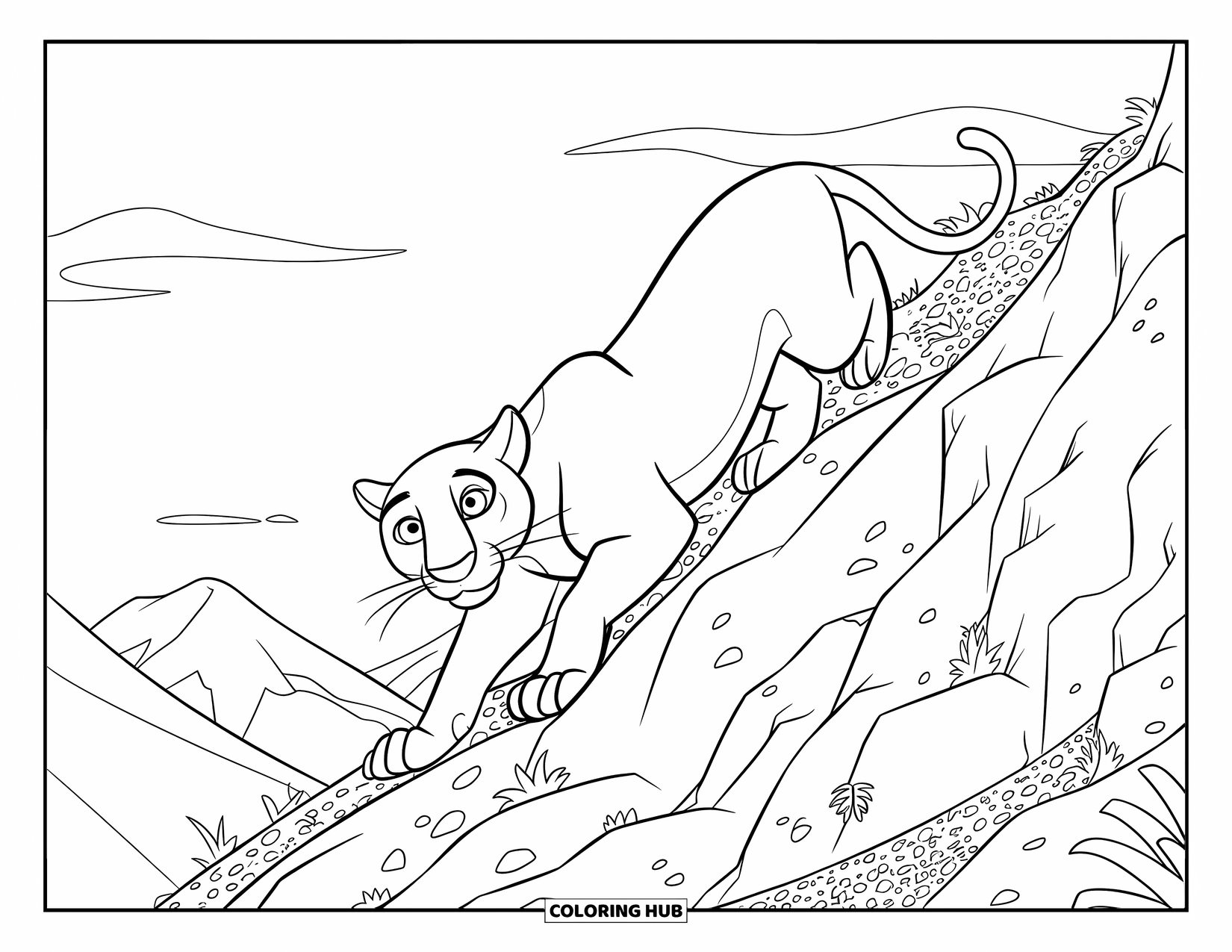 Black Panther Coloring Page for Kids: Crouched panther stalking along a ridge with plants and mountains