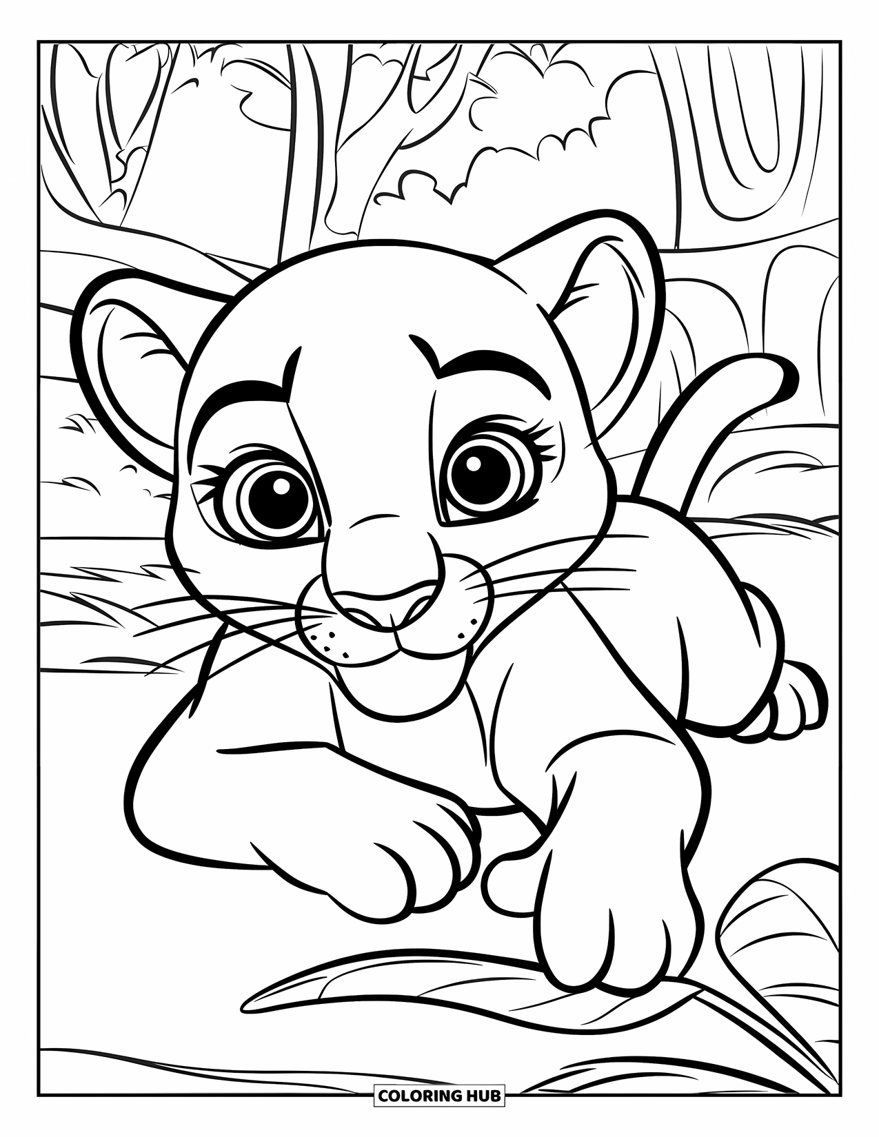 Black Panther Coloring Page for Kids: Cub lying on belly with paw on leaf in forest