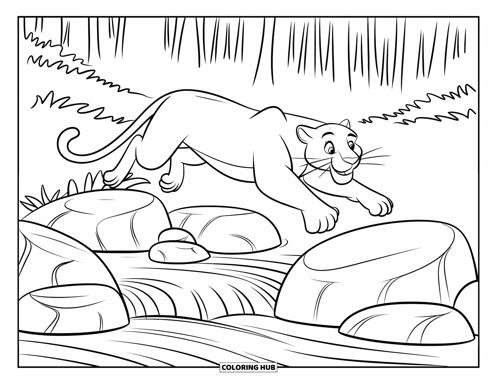 Black Panther Coloring Page for Kids: Leaping panther over rocks and stream in lush forest