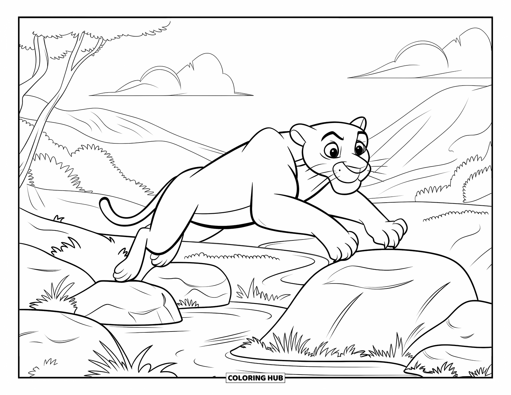Black Panther Coloring Page for Kids: Muscular panther leaping over rocks in serene landscape