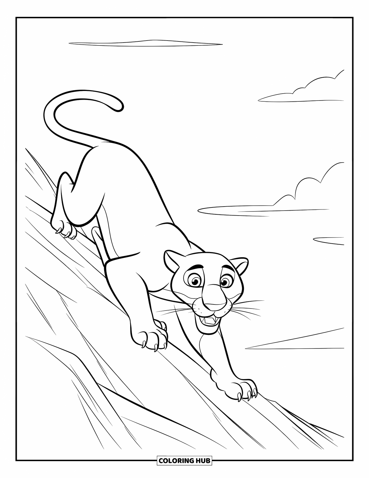 Black Panther Coloring Page for Kids: Panther climbing slope with mouth slightly open under cloudy sky