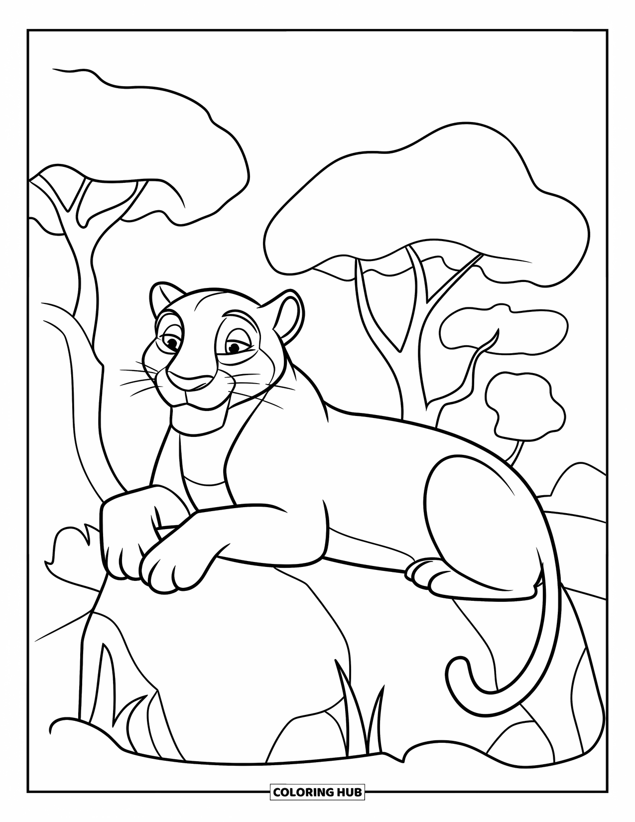 Black Panther Coloring Page for Kids: Panther lying on rock with simple trees behind