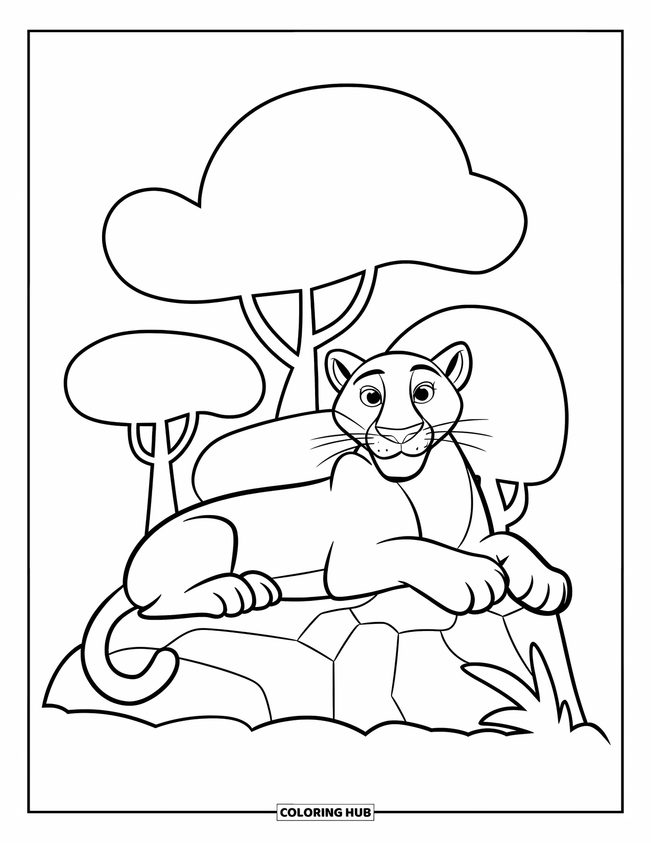 Black Panther Coloring Page for Kids: Panther lying on rock with trees in background