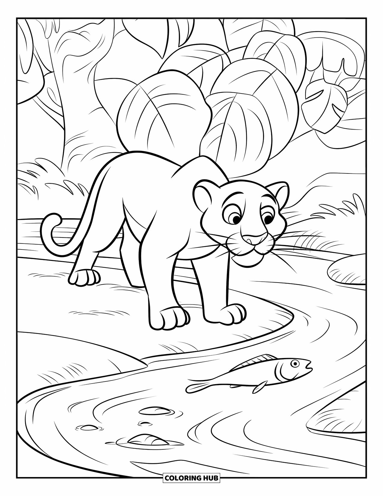 Black Panther Coloring Page for Kids: Panther near river with fish and trees with round leaves