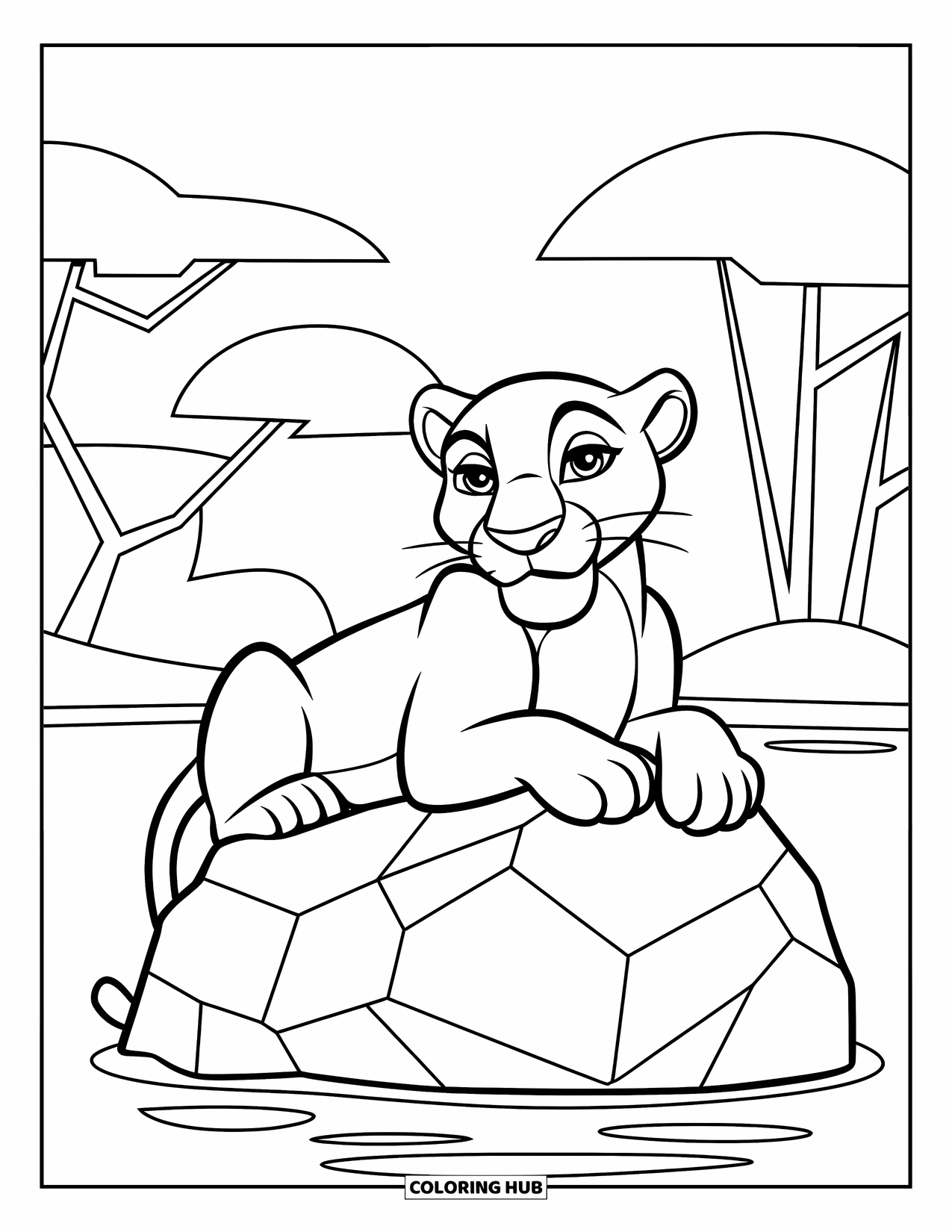 Black Panther Coloring Page for Kids: Panther on rock in water with simple tree shapes
