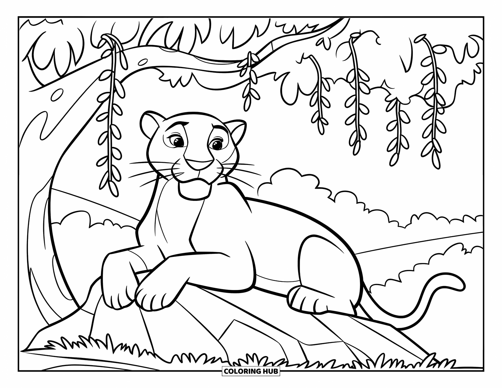 Black Panther Coloring Page for Kids: Panther resting on rock under vine-covered tree