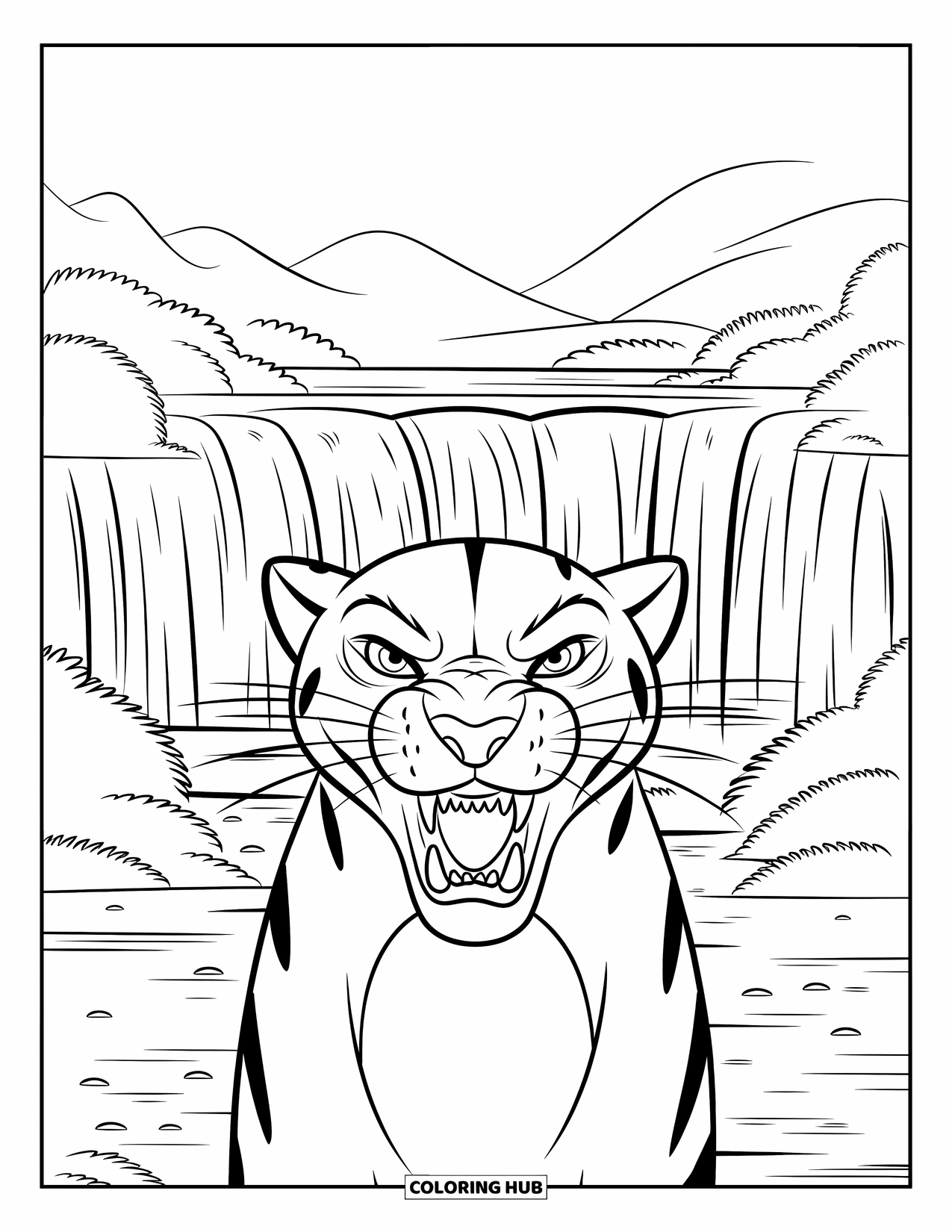 Black Panther Coloring Page for Kids: Panther snarling in front of a tiered waterfall with greenery