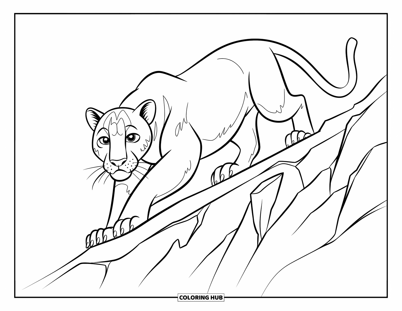 Black Panther Coloring Page for Kids: Panther stalking on a jagged rocky ridge with no other elements