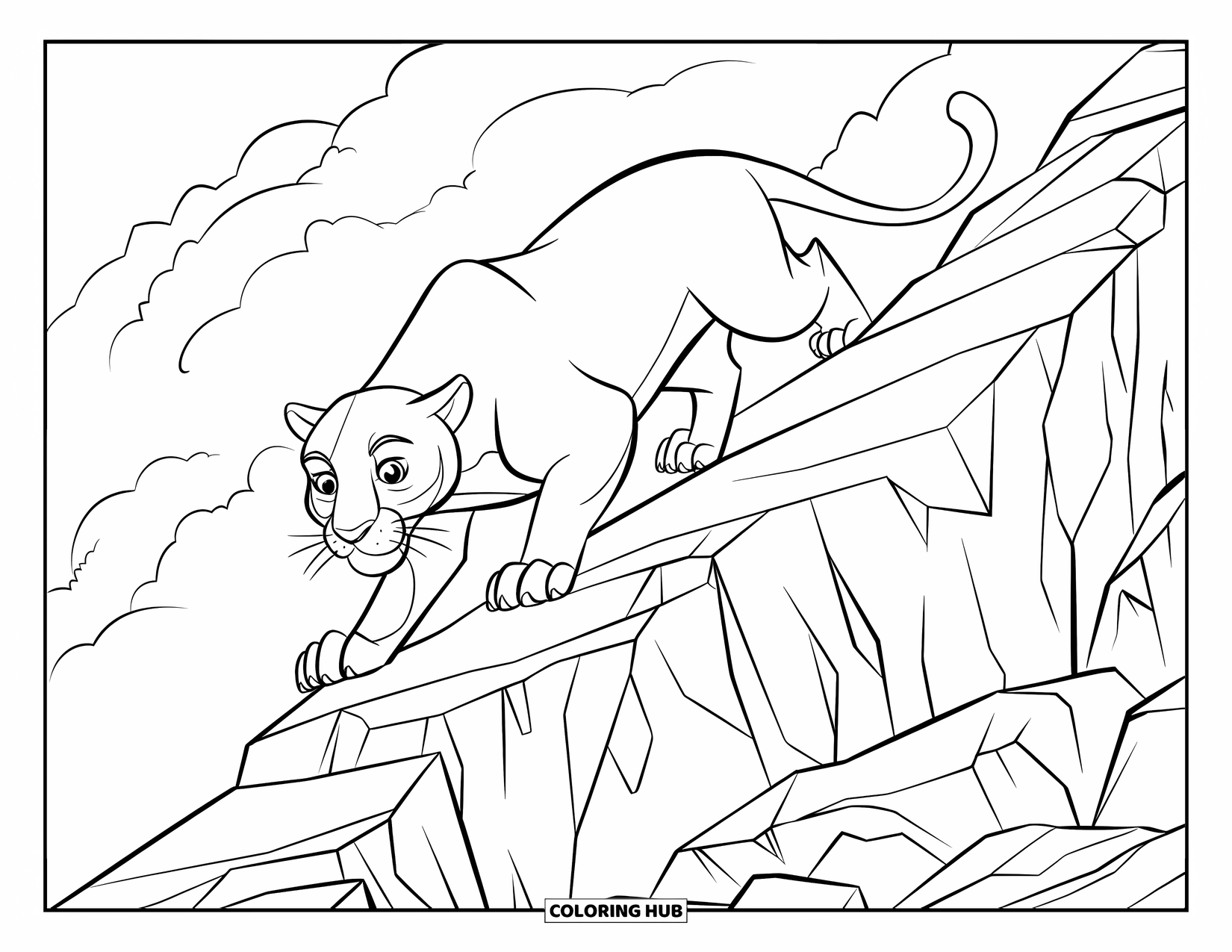 Black Panther Coloring Page for Kids: Panther stalking on a rocky ridge with mist in the background
