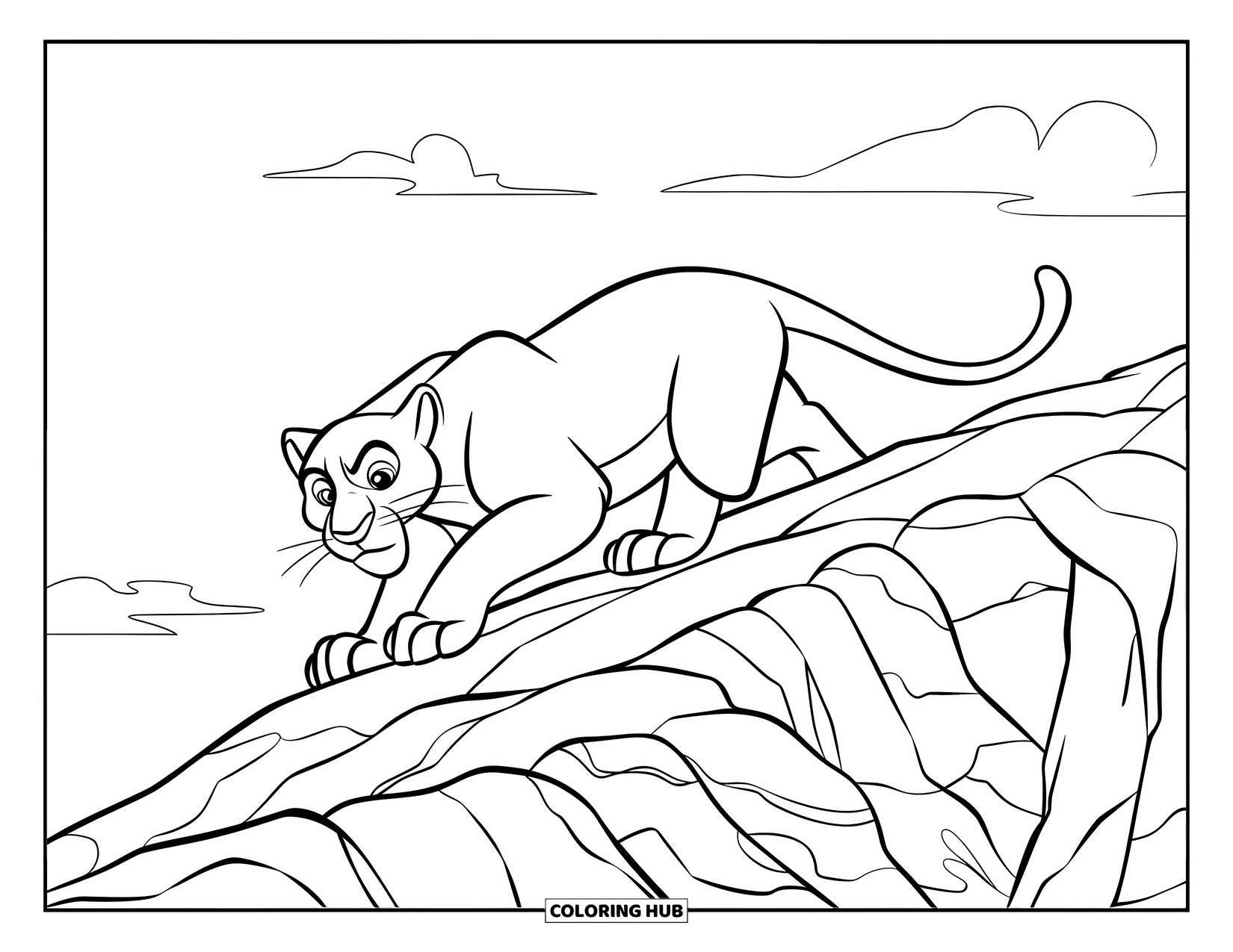 Black Panther Coloring Page for Kids: Panther stalking quietly along a rocky ridge under a clear sky