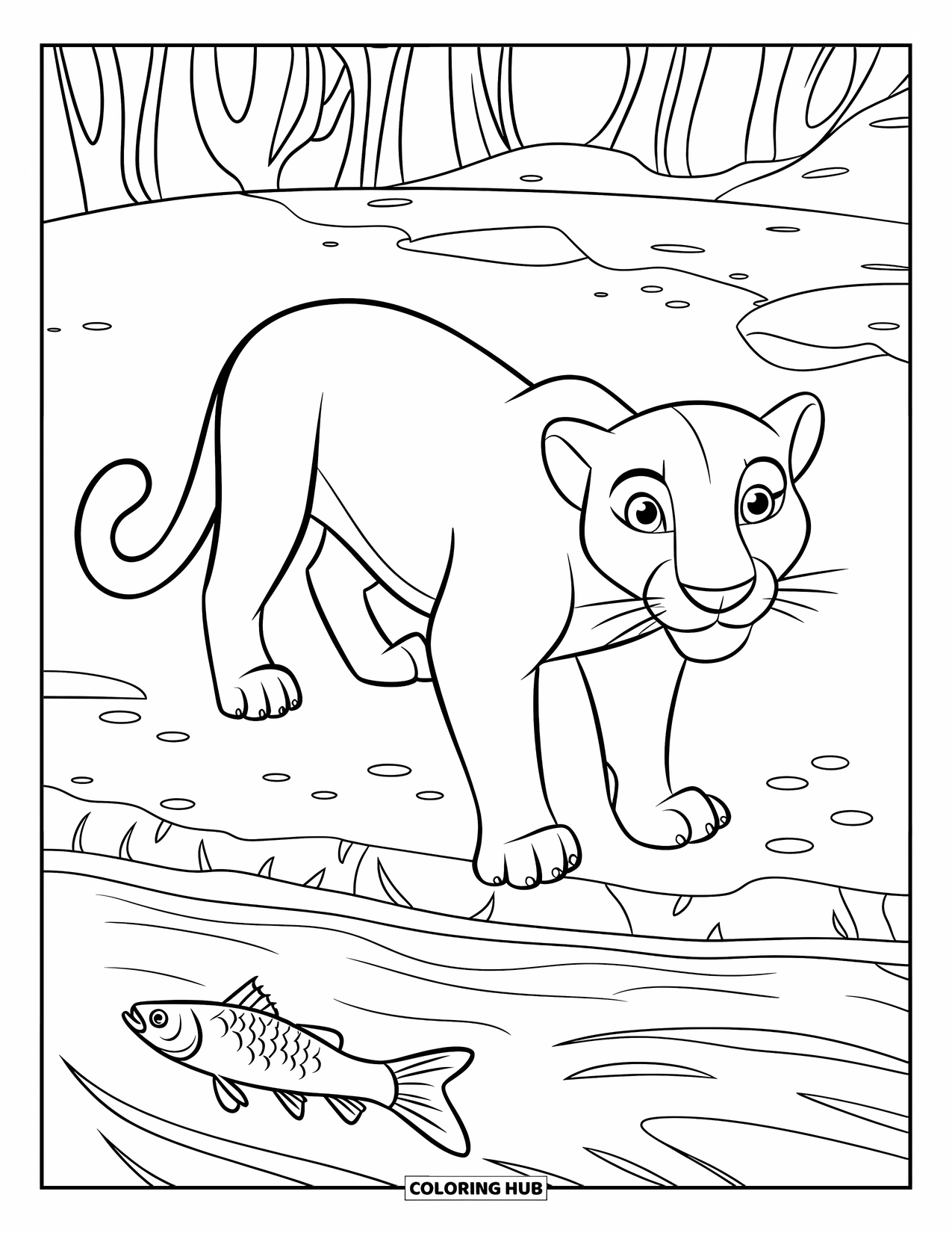 Black Panther Coloring Page for Kids: Panther standing by river with one fish in the water