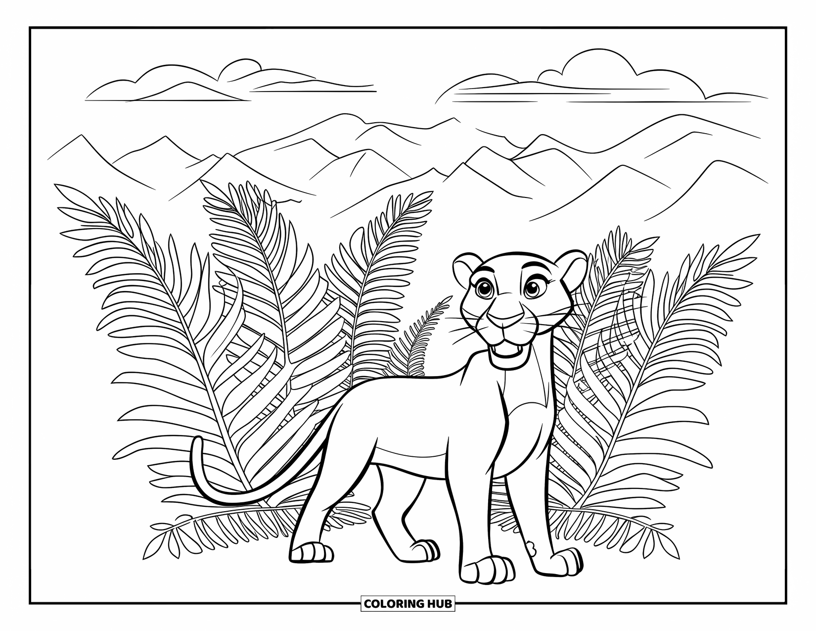 Black Panther Coloring Page for Kids: Panther standing on hind legs among ferns with clouds over mountains