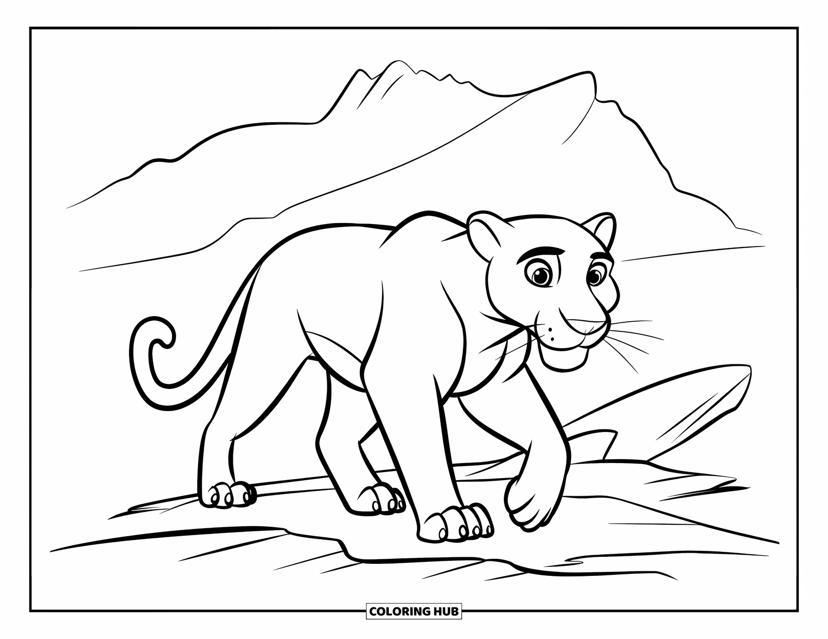 Black Panther Coloring Page for Kids: Panther walking rocky terrain with mountain outline