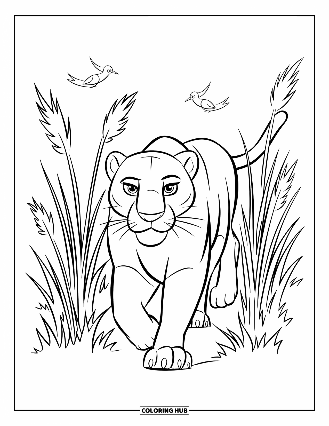 Black Panther Coloring Page for Kids: Panther walking through tall grass with a few birds