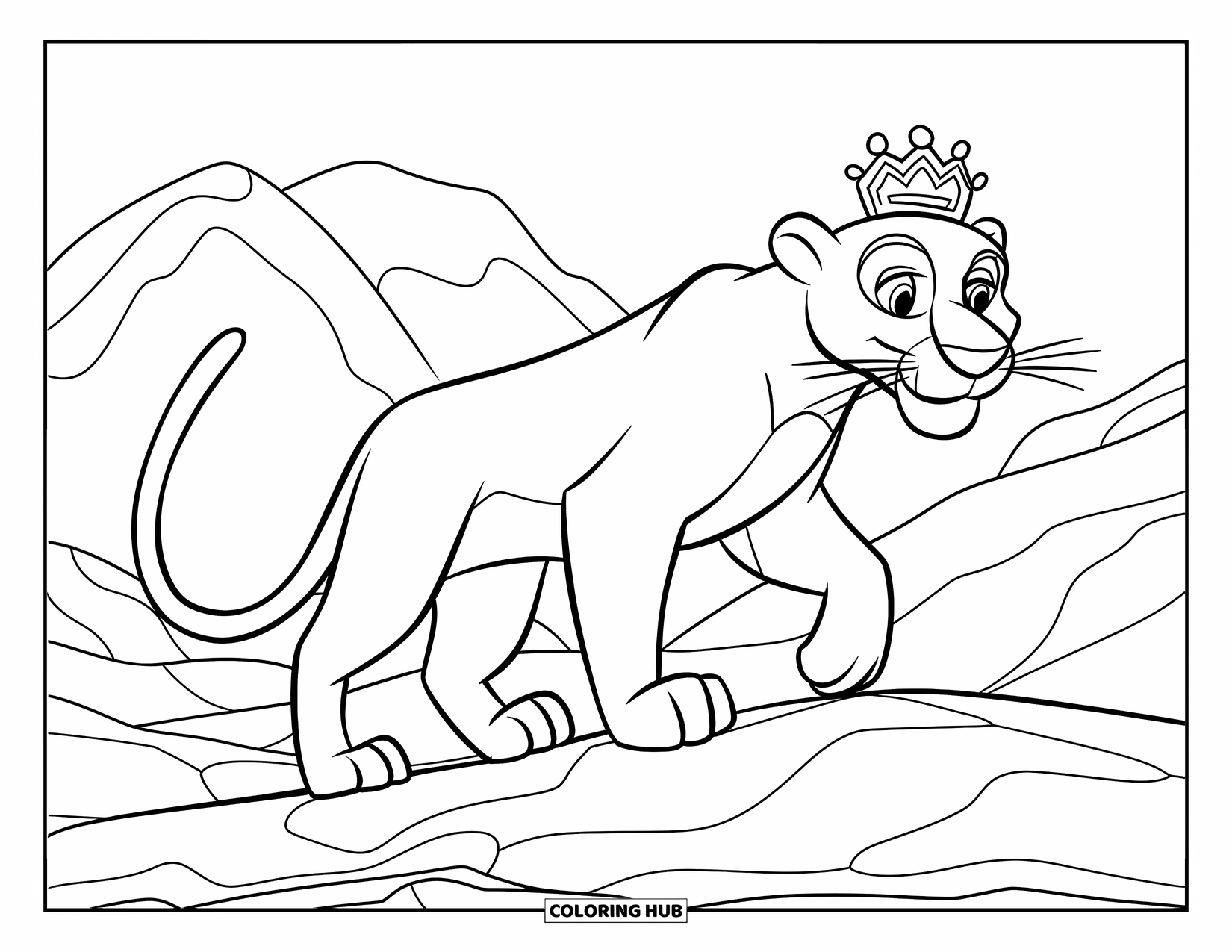 Black Panther Coloring Page for Kids: Panther with mane and crown walking by simple mountain
