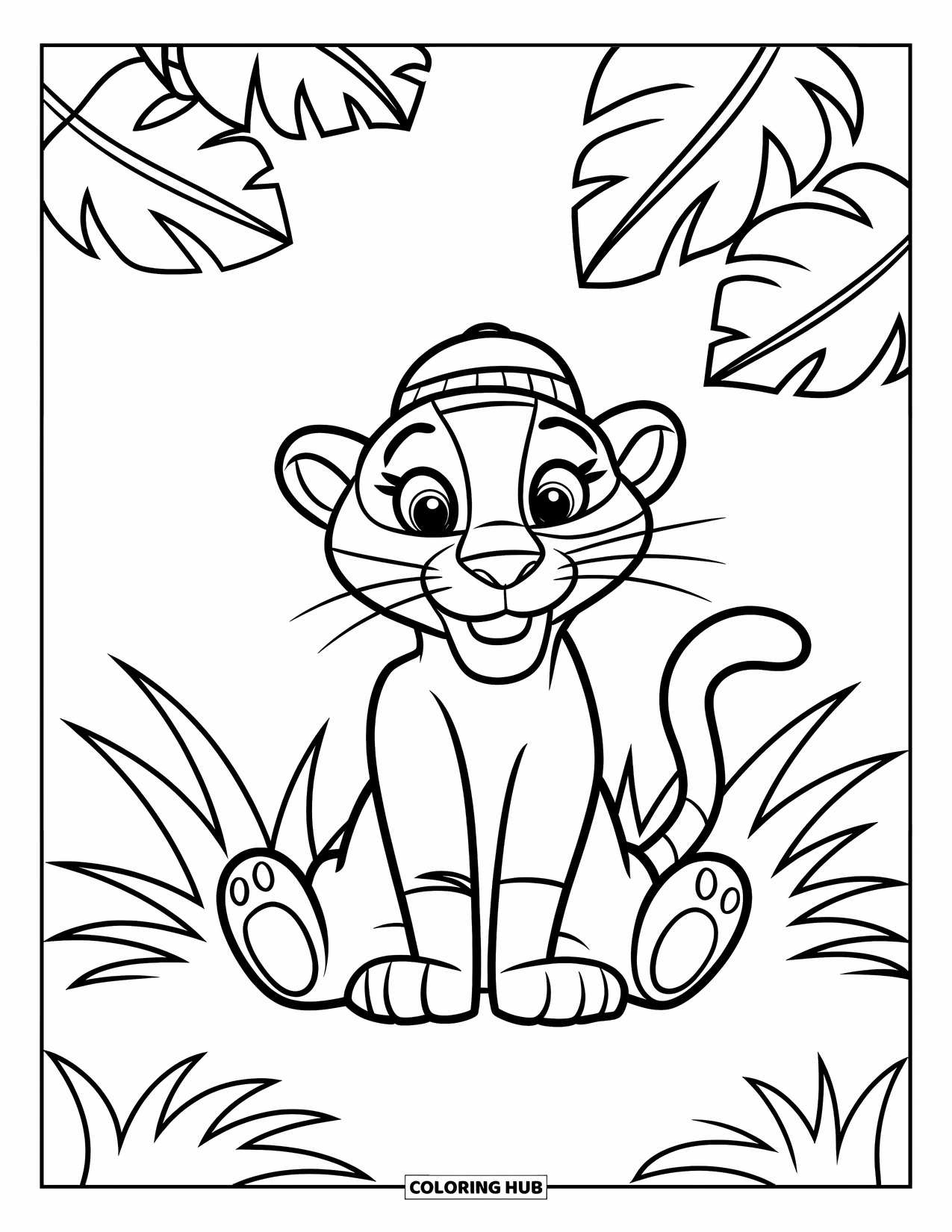 Black Panther Coloring Page for Kids: Panther with small hat sitting on grass with jungle leaves