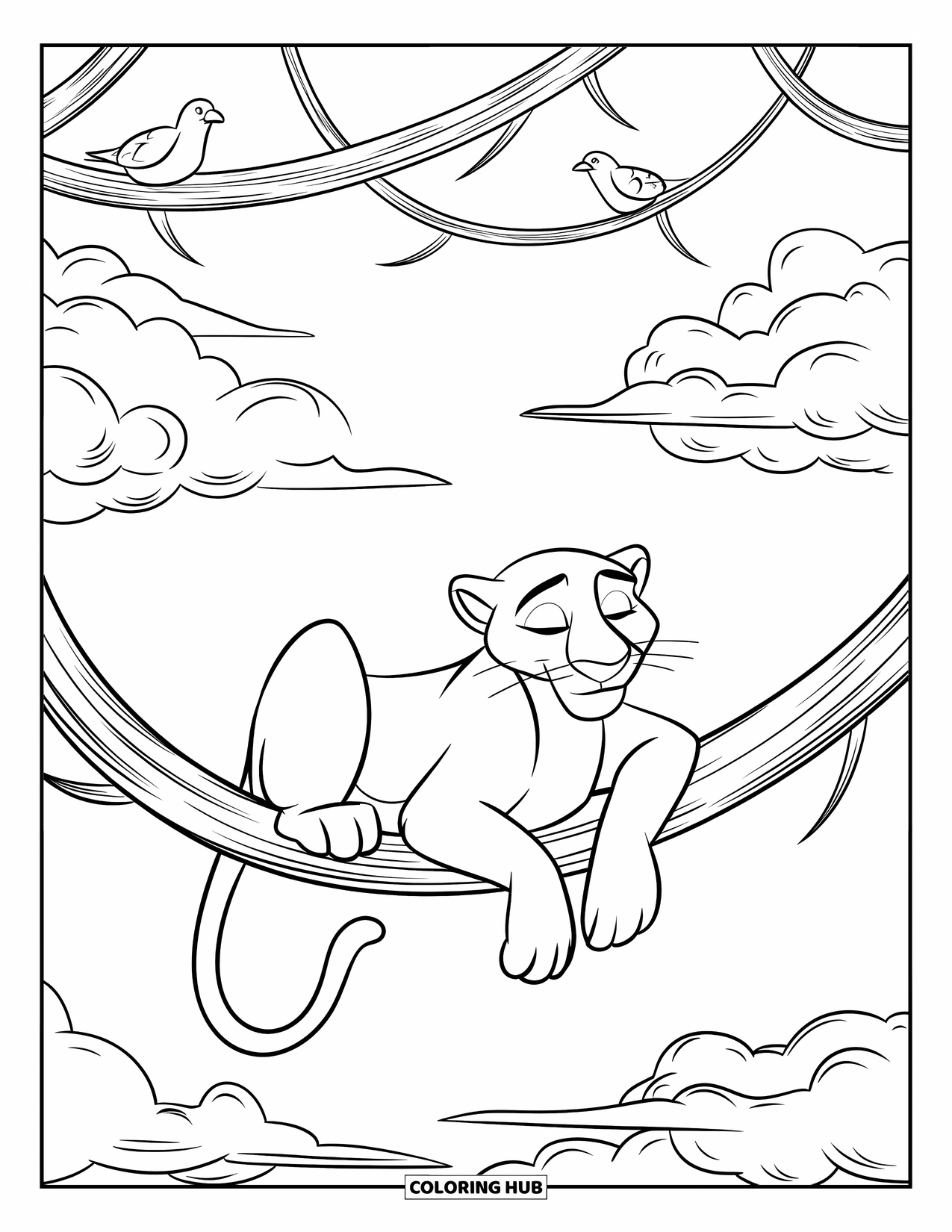 Black Panther Coloring Page for Kids: Resting panther on vine with fluffy clouds and perched birds