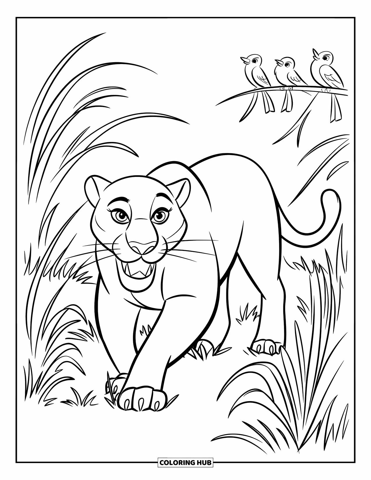 Black Panther Coloring Page for Kids: Sleek panther in tall grass with birds on a branch