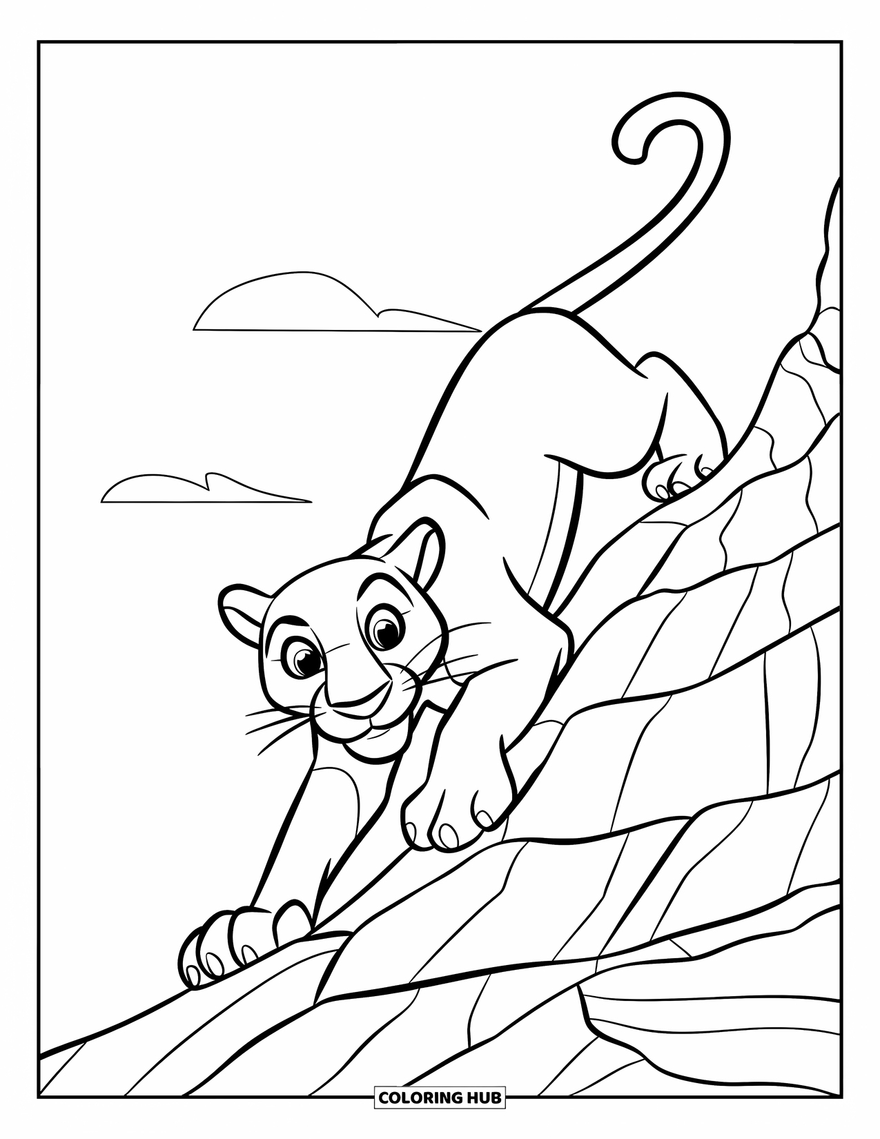 Black Panther Coloring Page for Kids: Smiling panther climbing rocky slope with simple clouds
