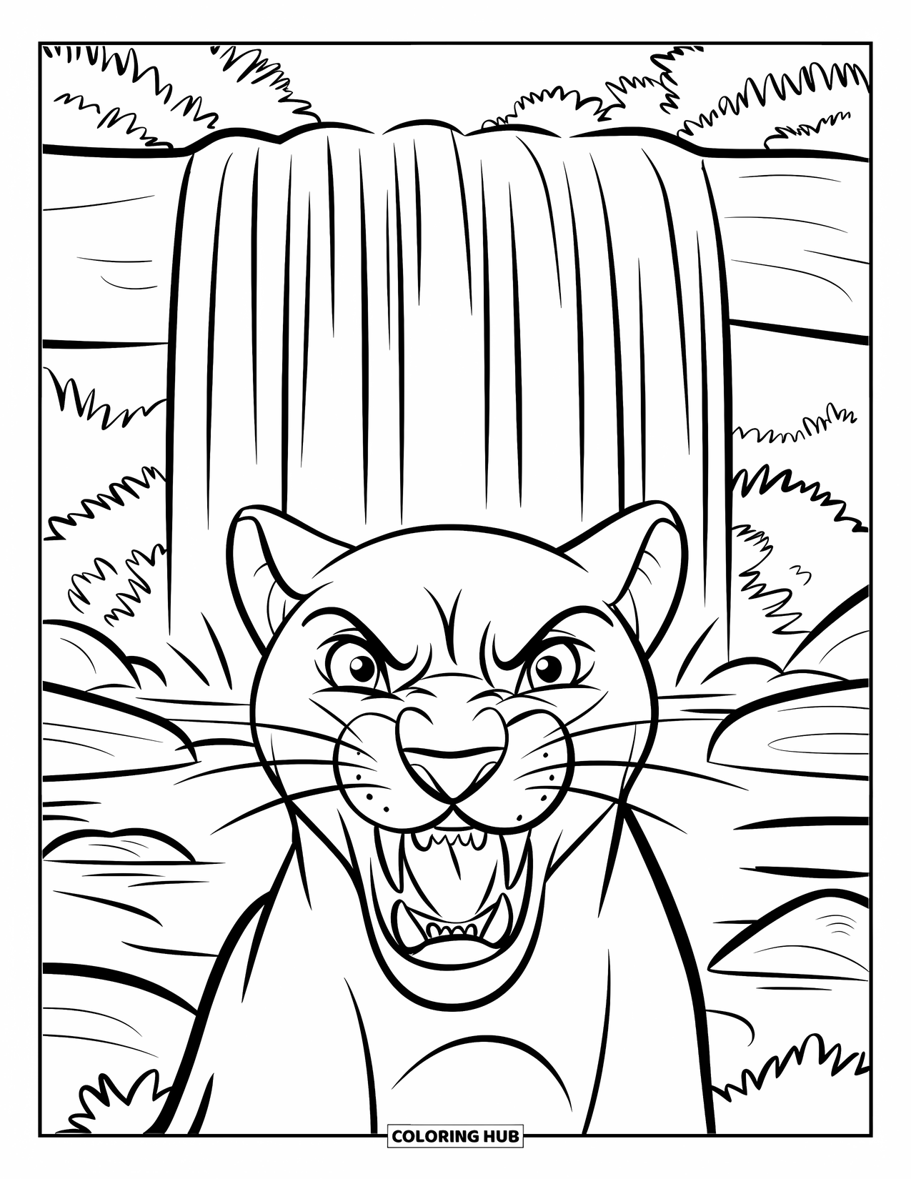 Black Panther Coloring Page for Kids: Wide-eyed panther snarling near waterfall in lush forest