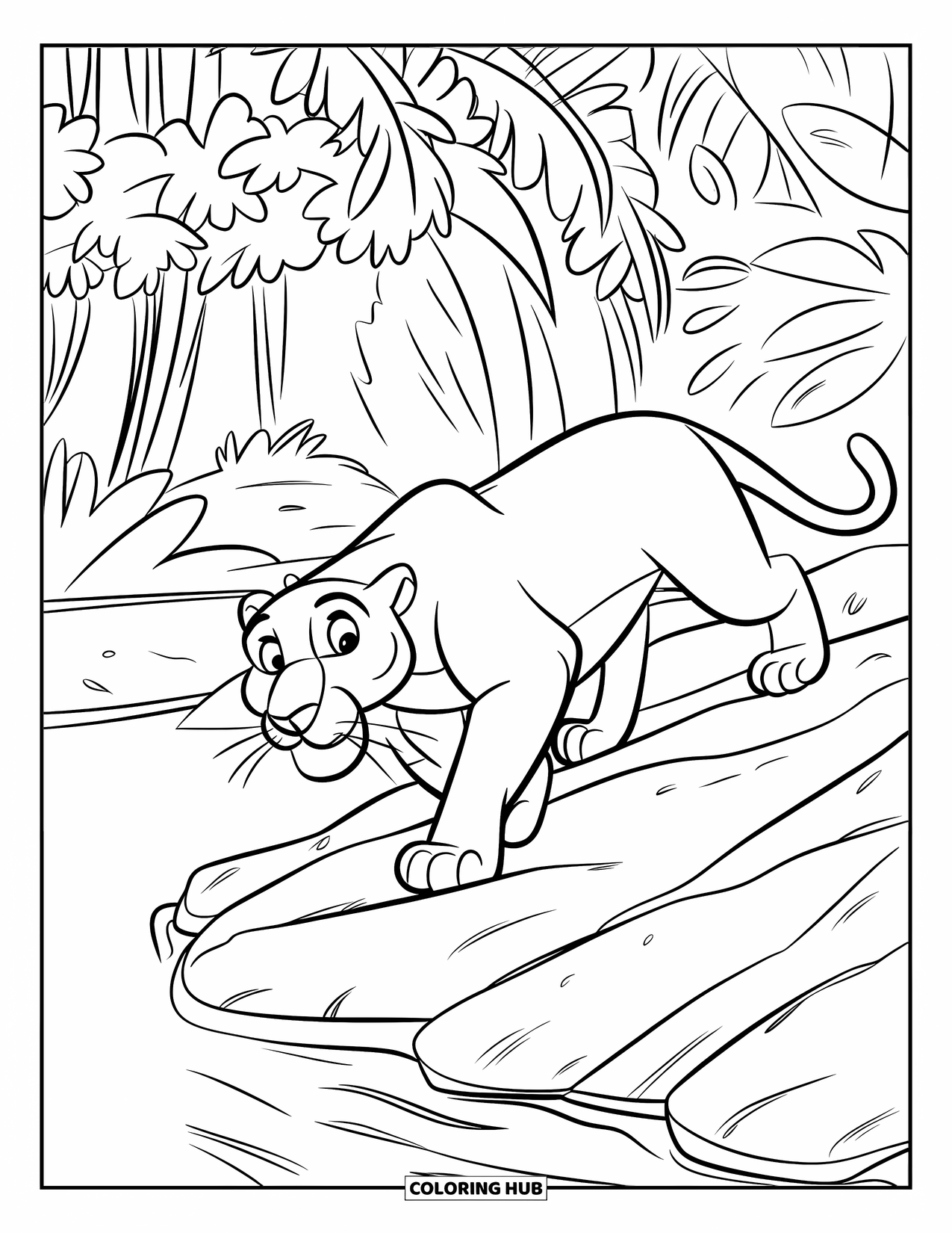 Black Panther Coloring Page for Kids: Wide-eyed panther walking steep rocky bank with dense jungle