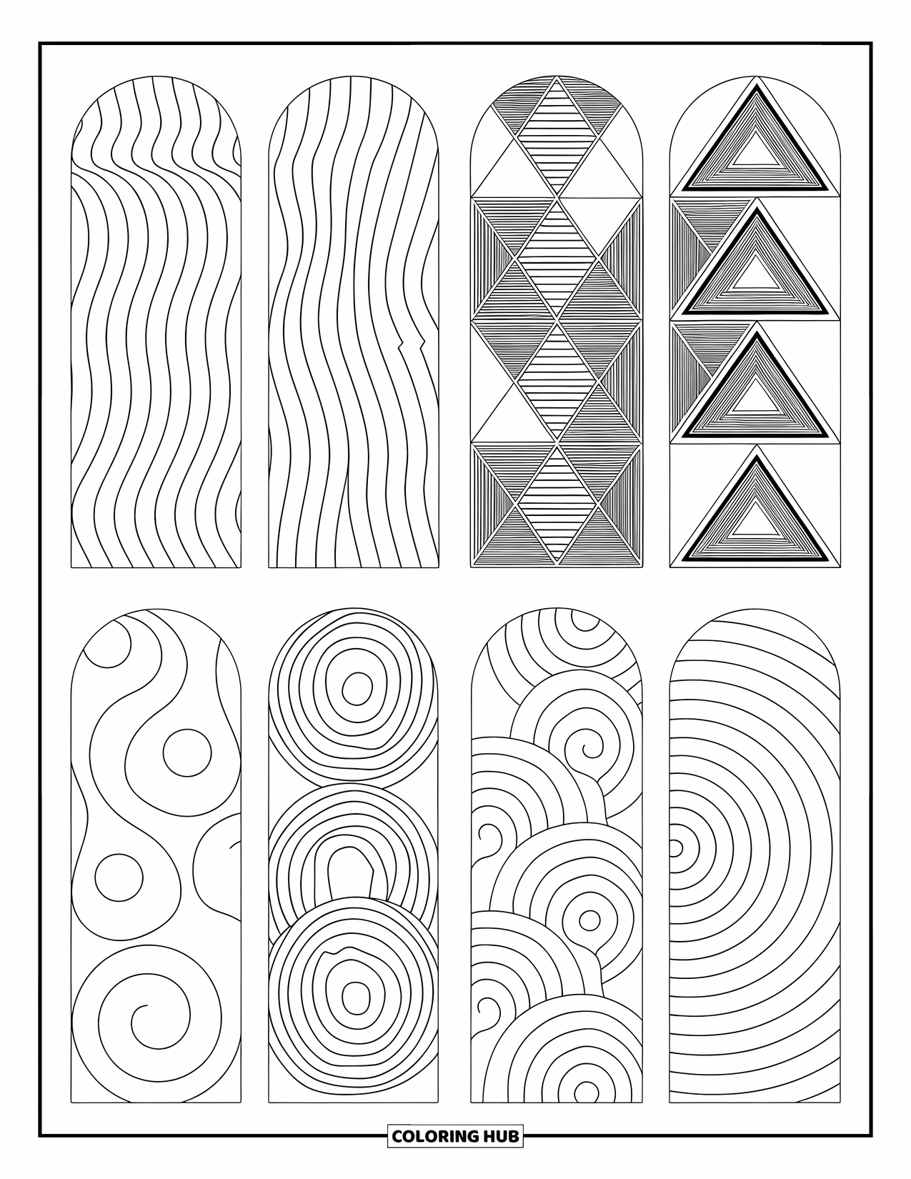 Bookmark Coloring Page for Adults: Abstract bookmarks with flowing lines, triangles, spirals, and circles for relaxing moments