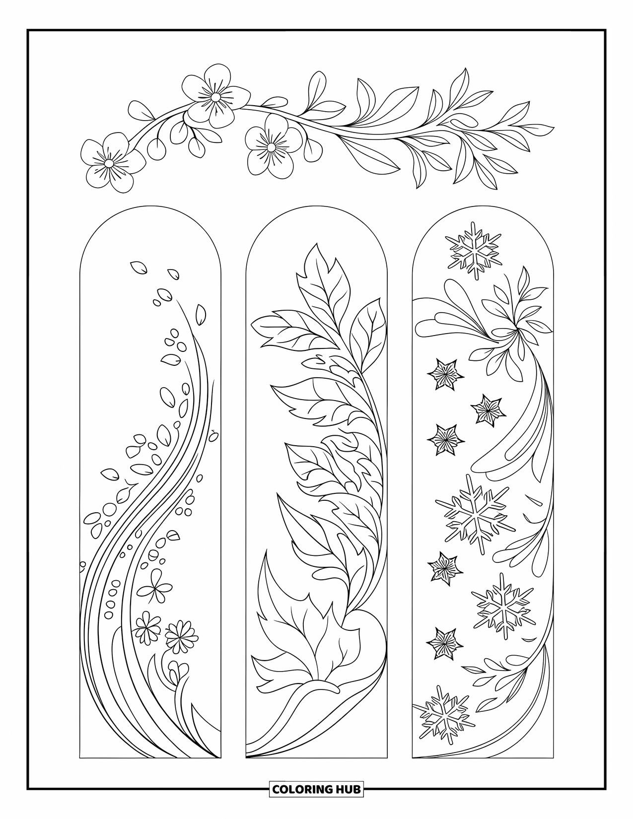 Bookmark Coloring Page for Adults: Bookmarks showing spring flowers, autumn leaves, and detailed snowflakes