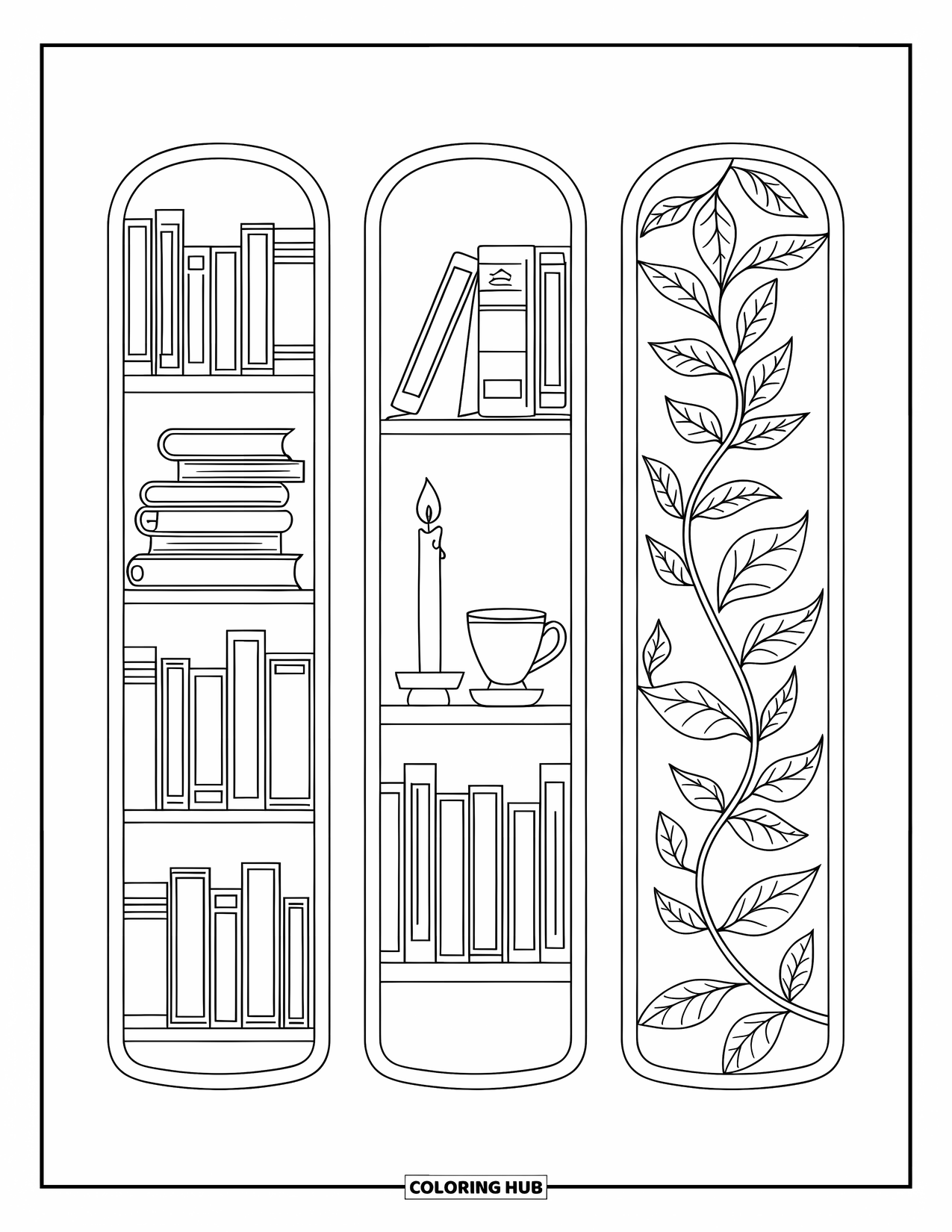 Bookmark Coloring Page for Adults: Bookmarks with bookshelf scenes: books, candle, teacup, and climbing vines